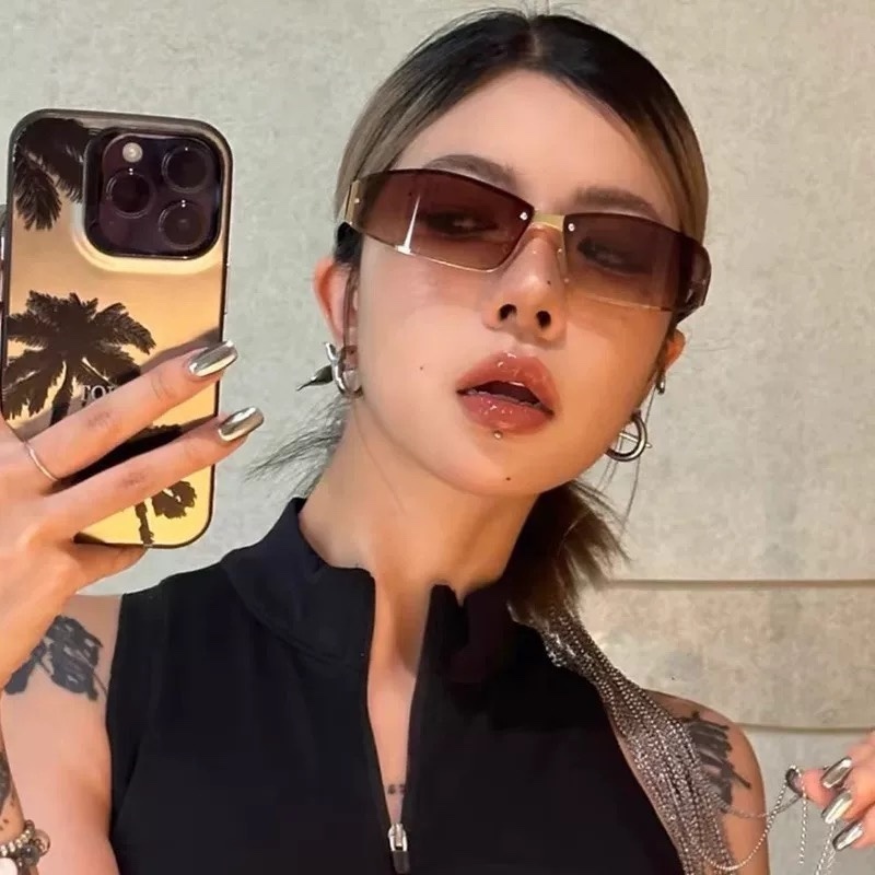 Vintage Y2K Rectangular Rimless Sunglasses - Retro Cyberpunk Style