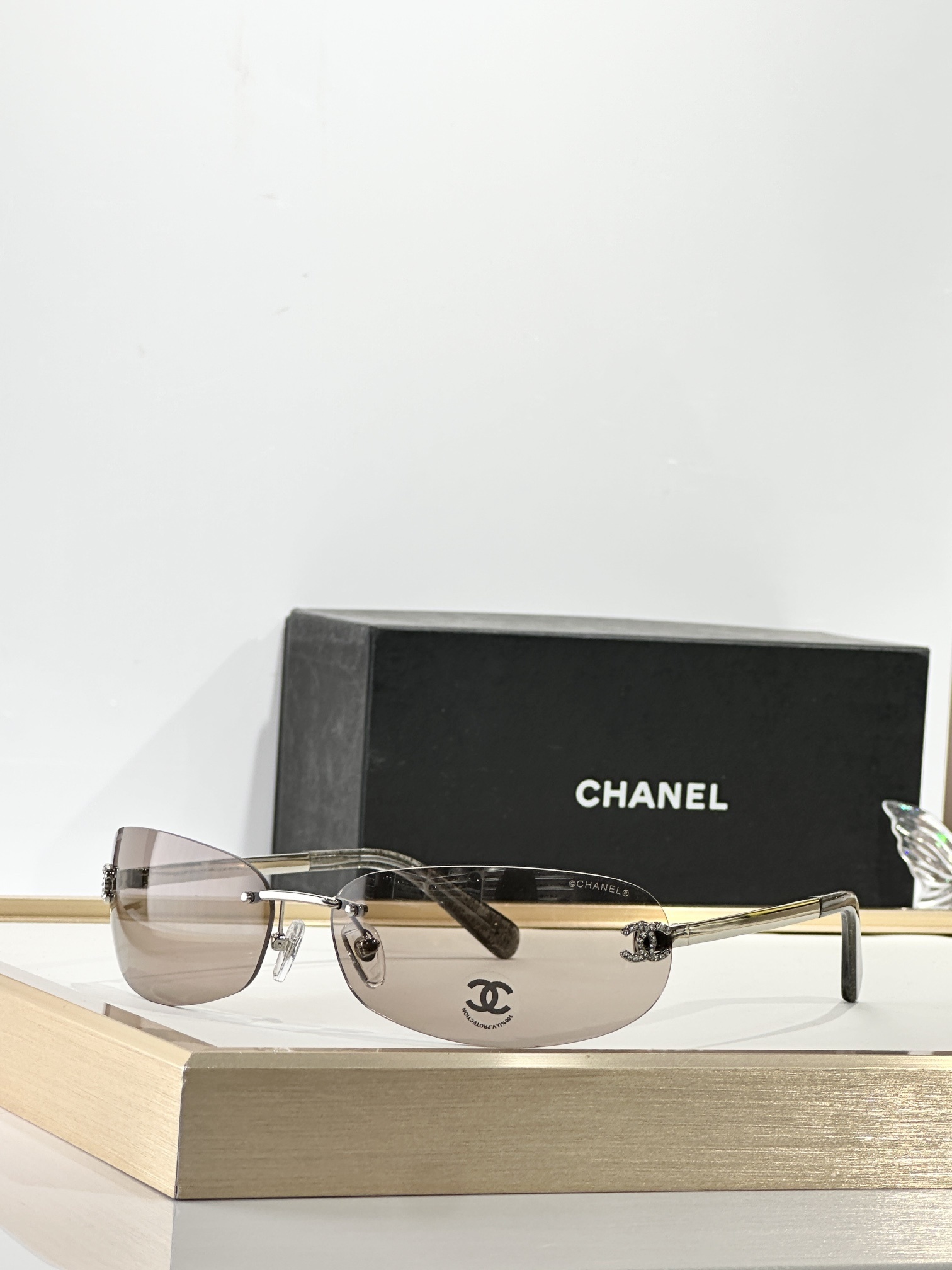 Chanel Rimless Oval Sunglasses with Rhinestone CC Logo - Y2K Style