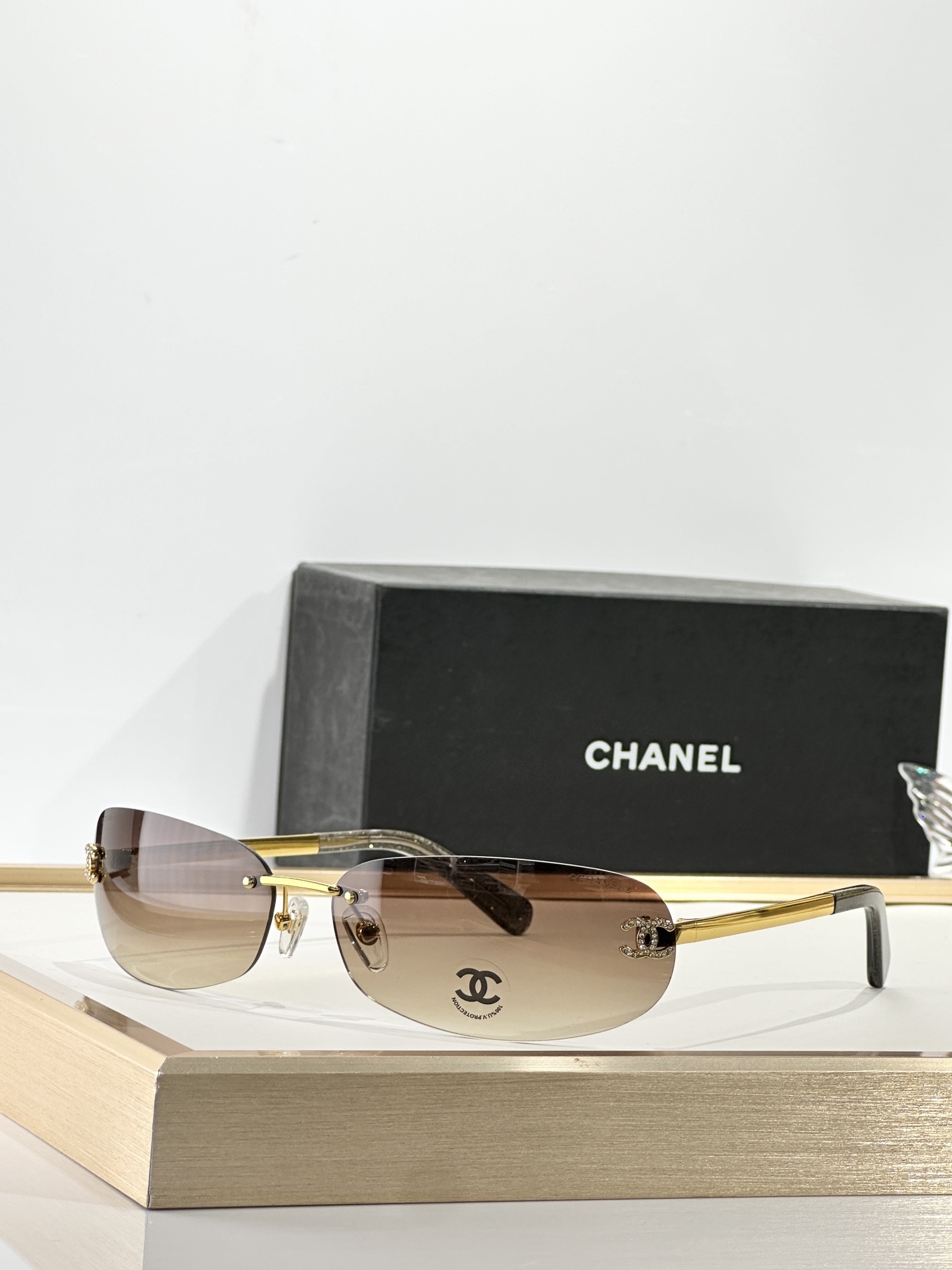 Chanel Rimless Oval Sunglasses with Rhinestone CC Logo - Y2K Style
