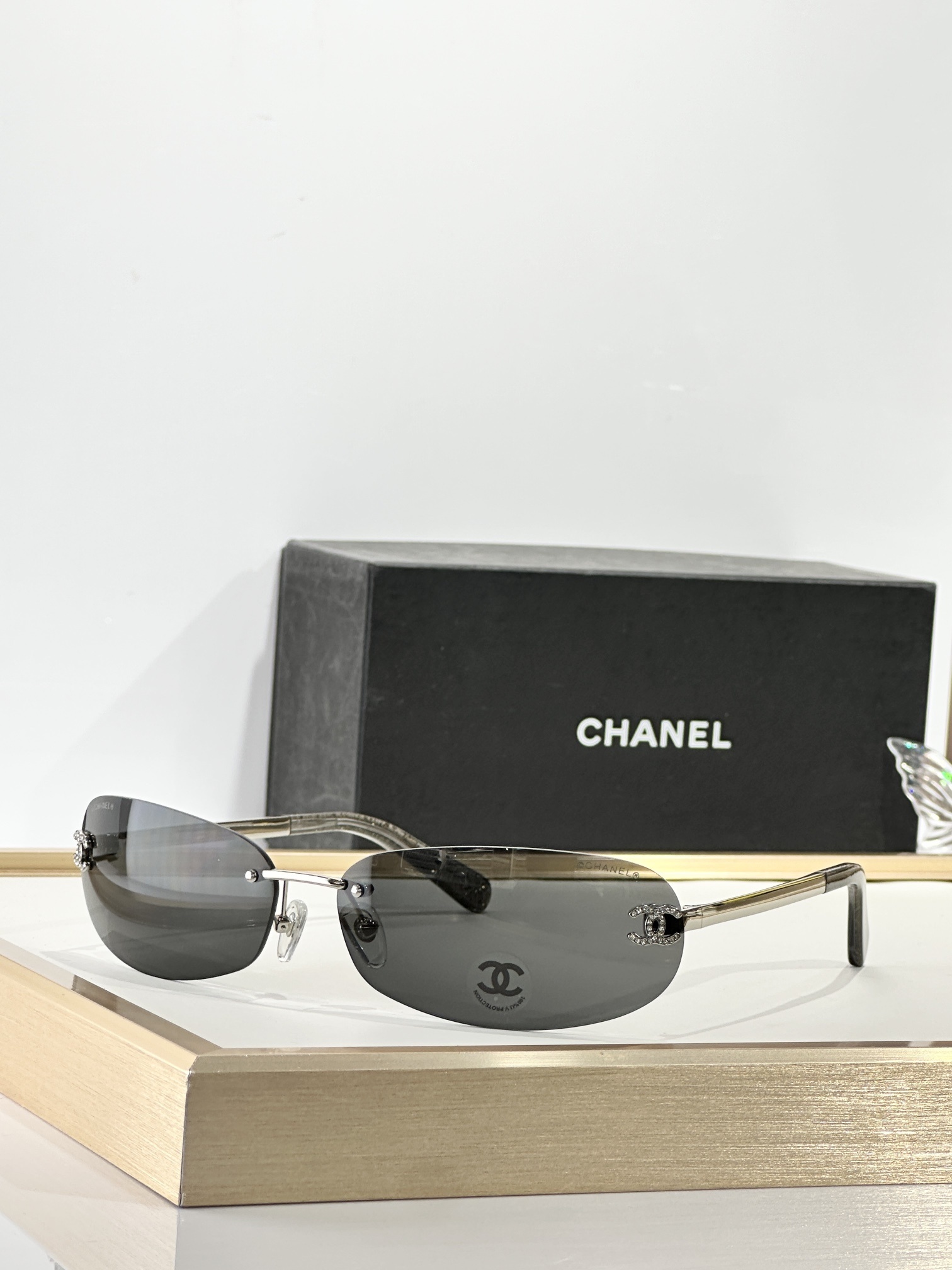 Chanel Rimless Oval Sunglasses with Rhinestone CC Logo - Y2K Style