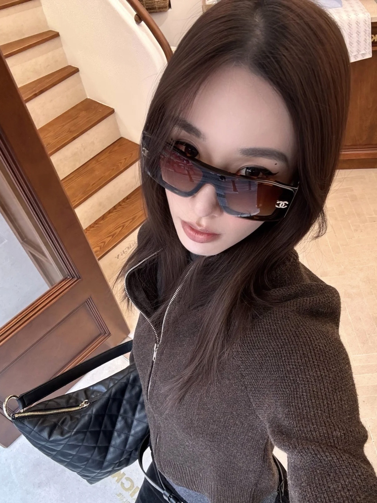 Chanel Vintage Shield Sunglasses - Brown Wrap Around Y2K Style