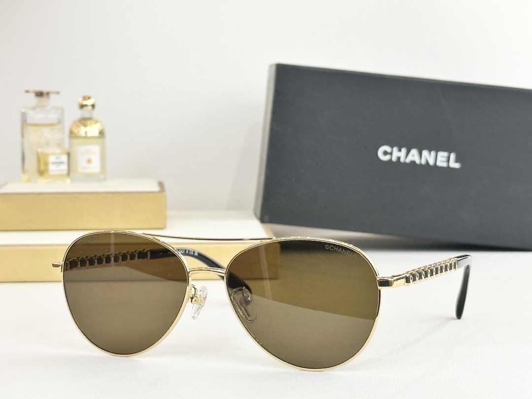 Chanel Luxury Aviator Sunglasses - Metal Frame with Chain Detail