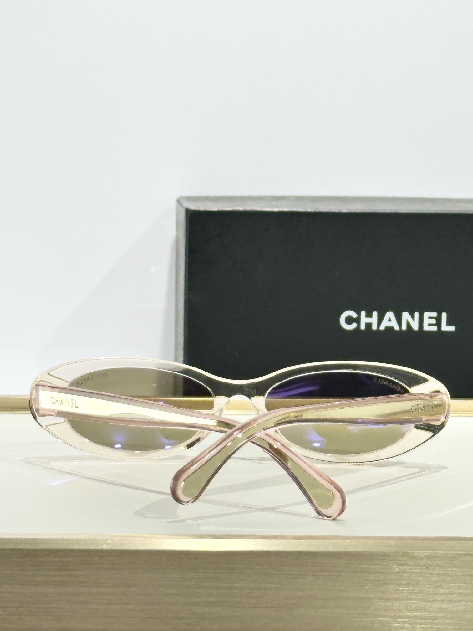 Chanel Luxury Oval Sunglasses in Light Pink with Gold Mirrored Lenses