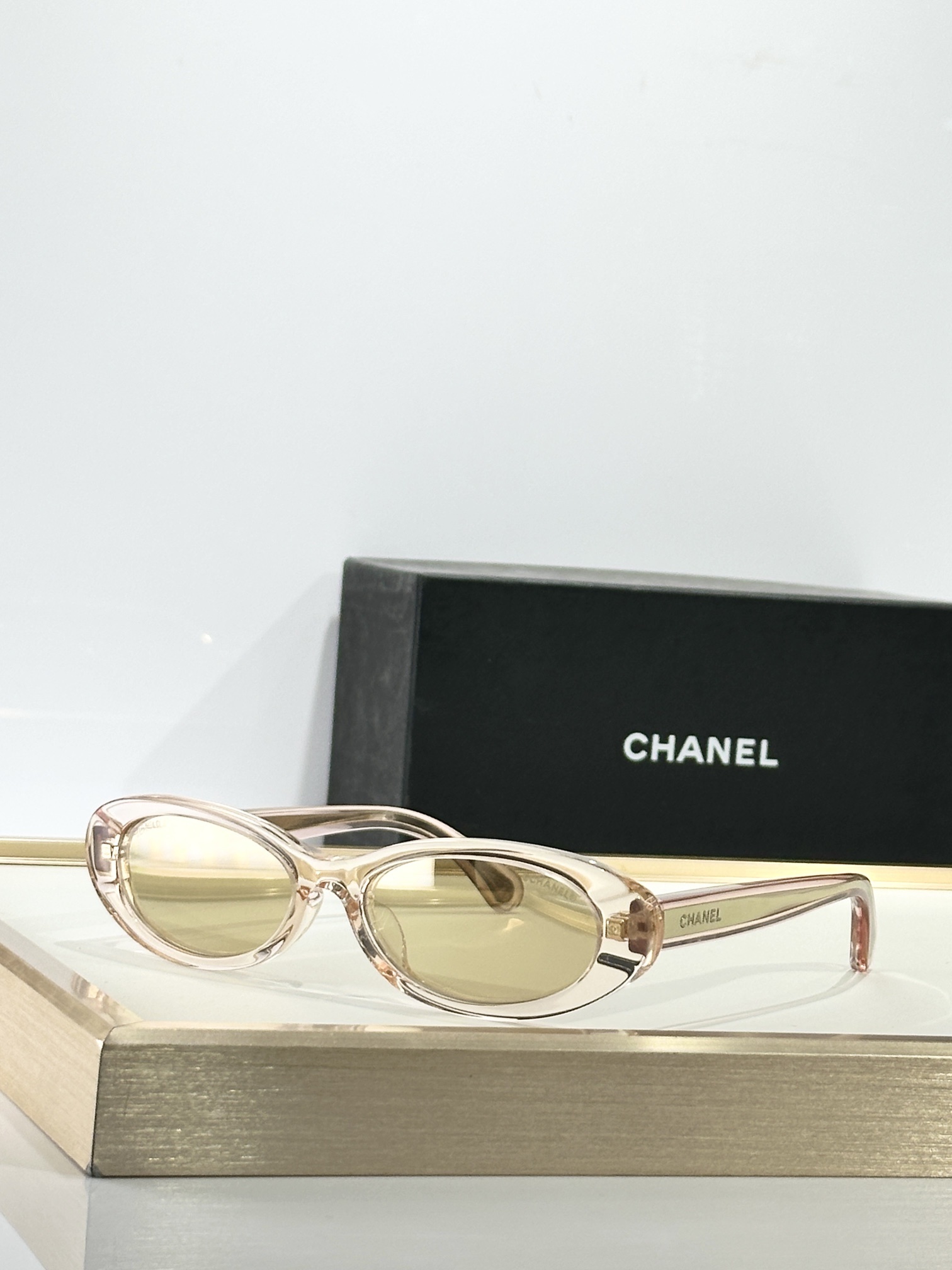 Chanel Luxury Oval Sunglasses in Light Pink with Gold Mirrored Lenses