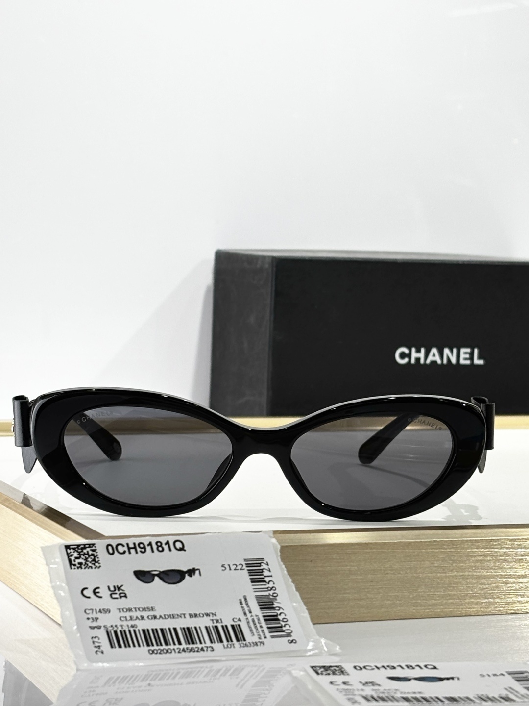 Chanel 9181Q Oval Sunglasses with Leather Bow & CC Logo - Black