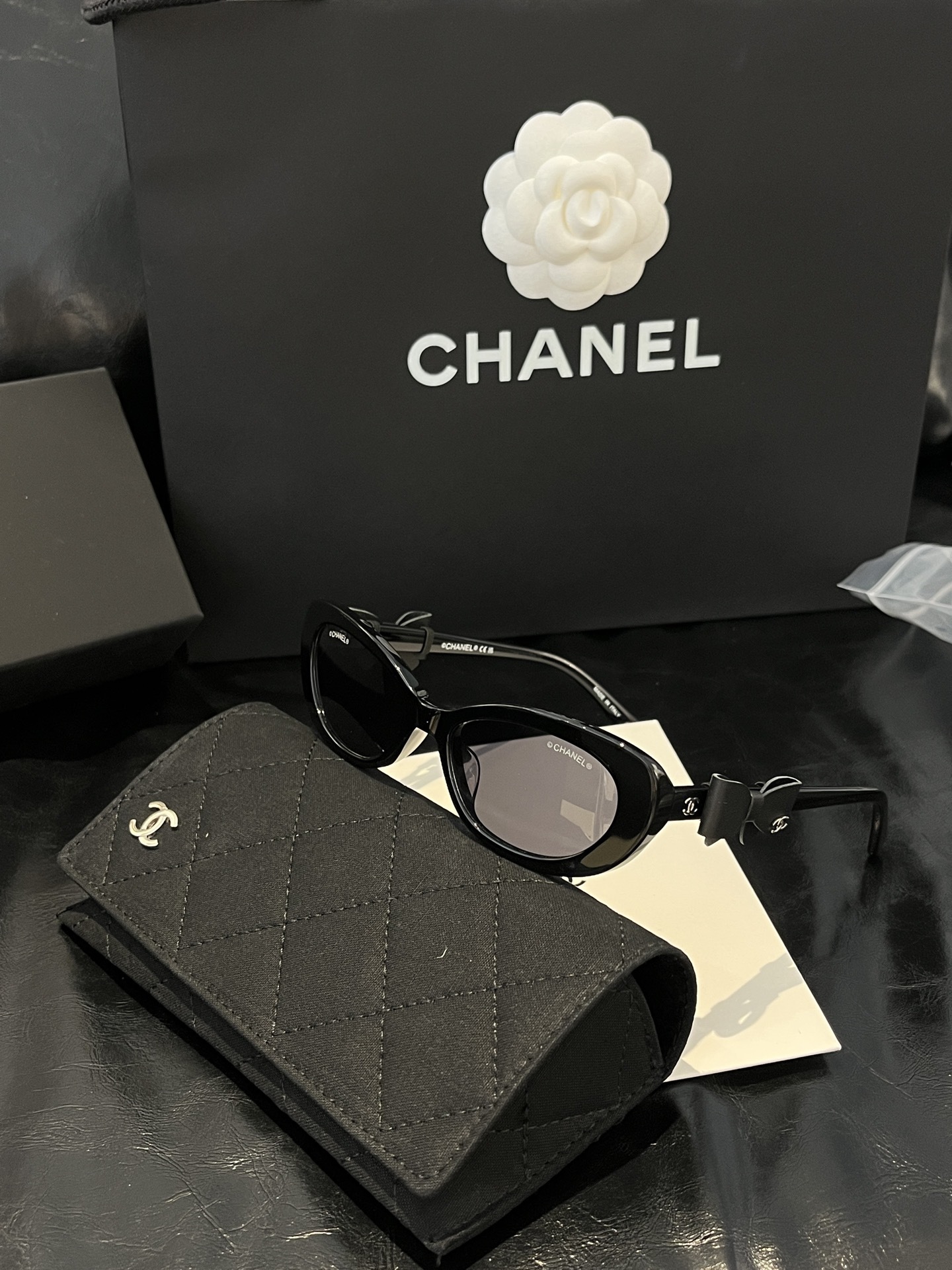 Chanel Black Oval Sunglasses with Bow Detail & CC Logo