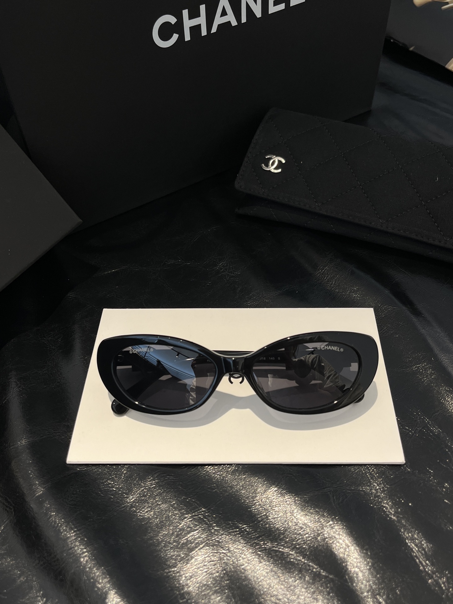 Chanel Black Oval Sunglasses with Bow Detail & CC Logo