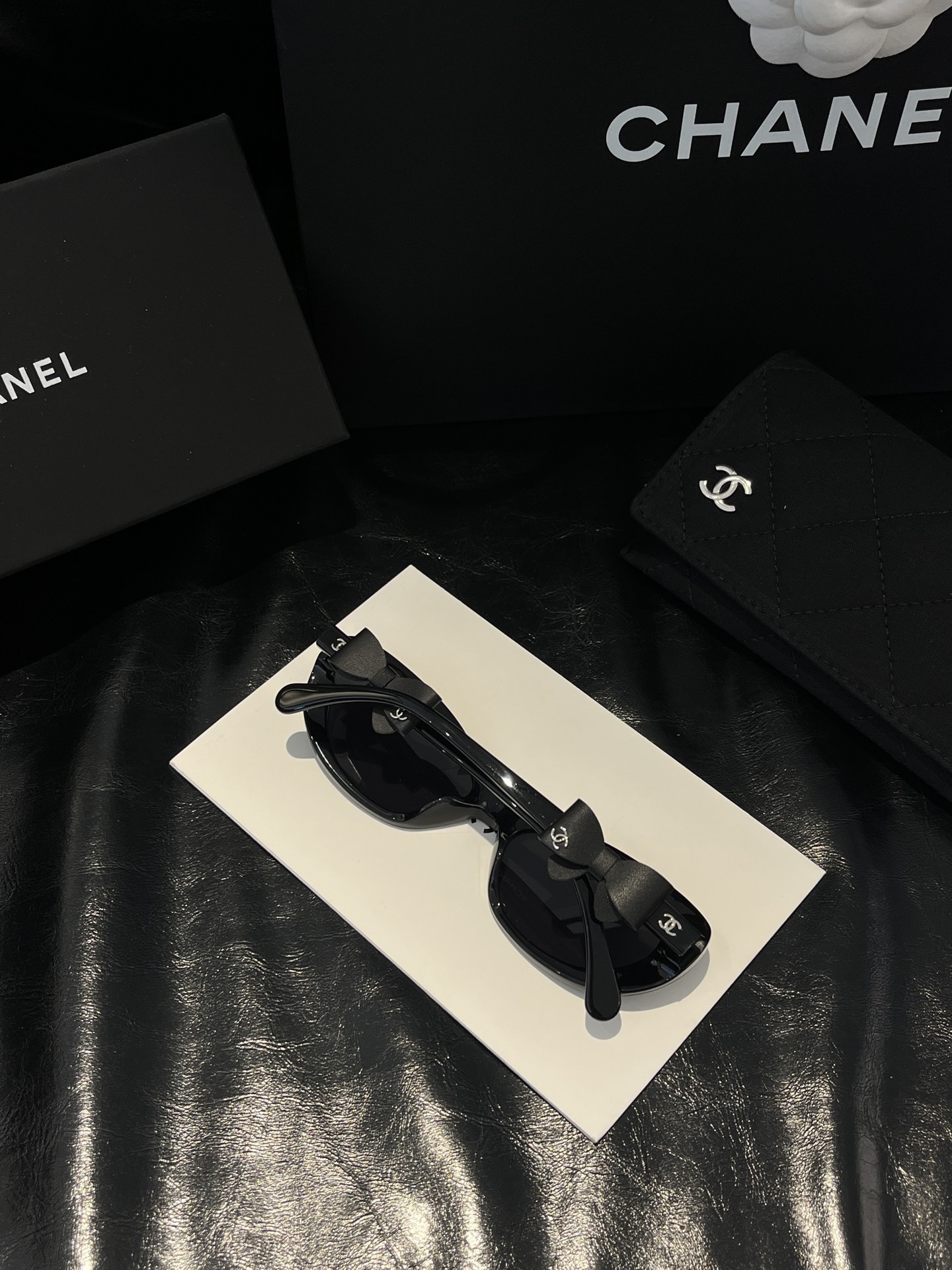 Chanel Black Oval Sunglasses with Bow Detail & CC Logo