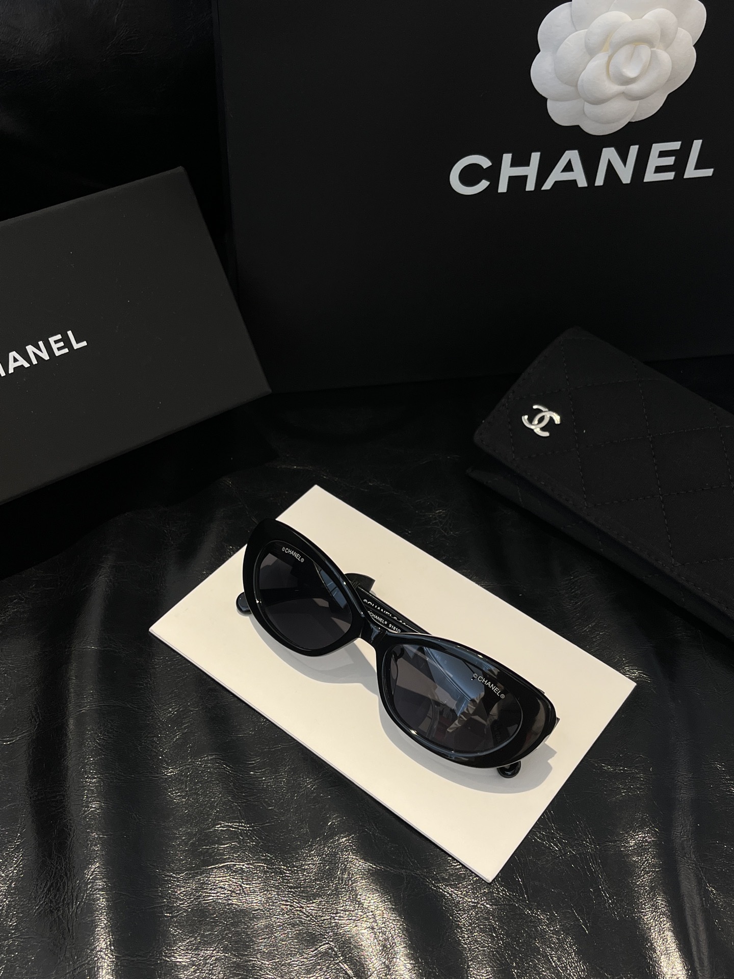 Chanel Black Oval Sunglasses with Bow Detail & CC Logo