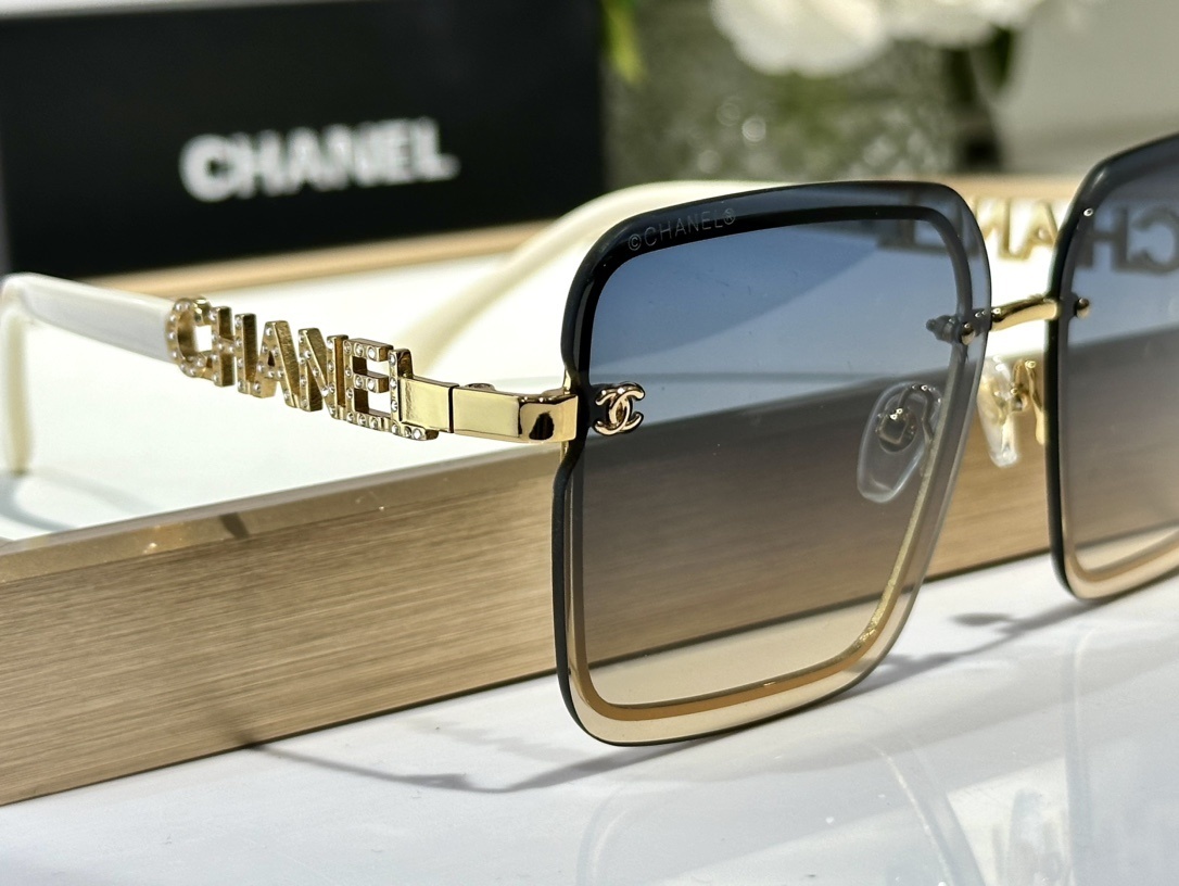 Chanel Luxury Square Rimless Sunglasses with Crystal Logo