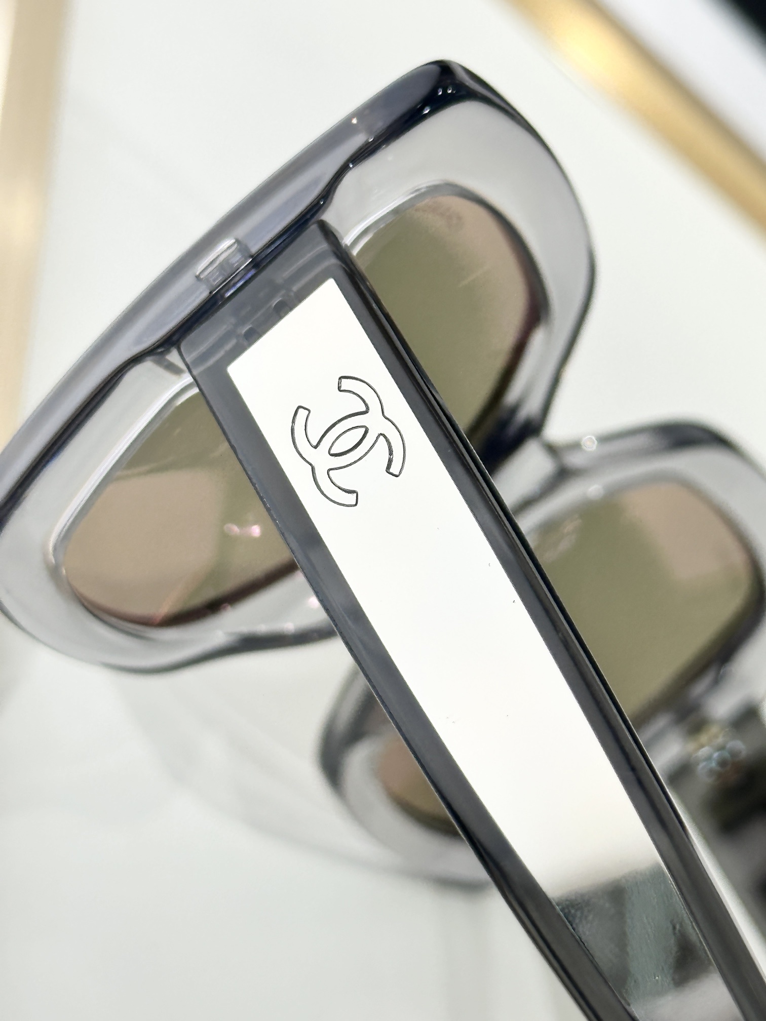 Chanel Square Sunglasses - Light Gray Acetate with Gold Mirror Lenses