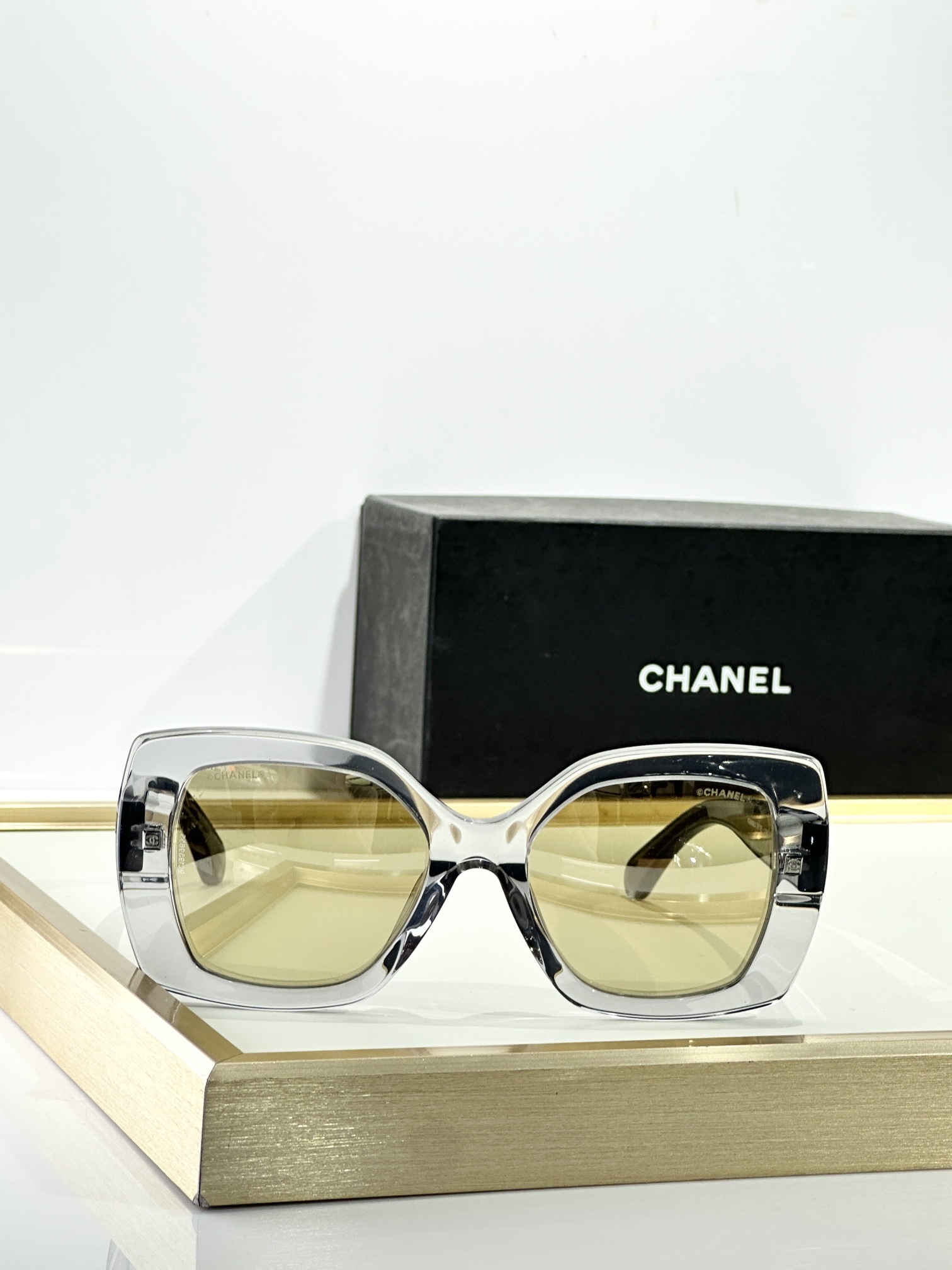 Chanel Square Sunglasses - Light Gray Acetate with Gold Mirror Lenses