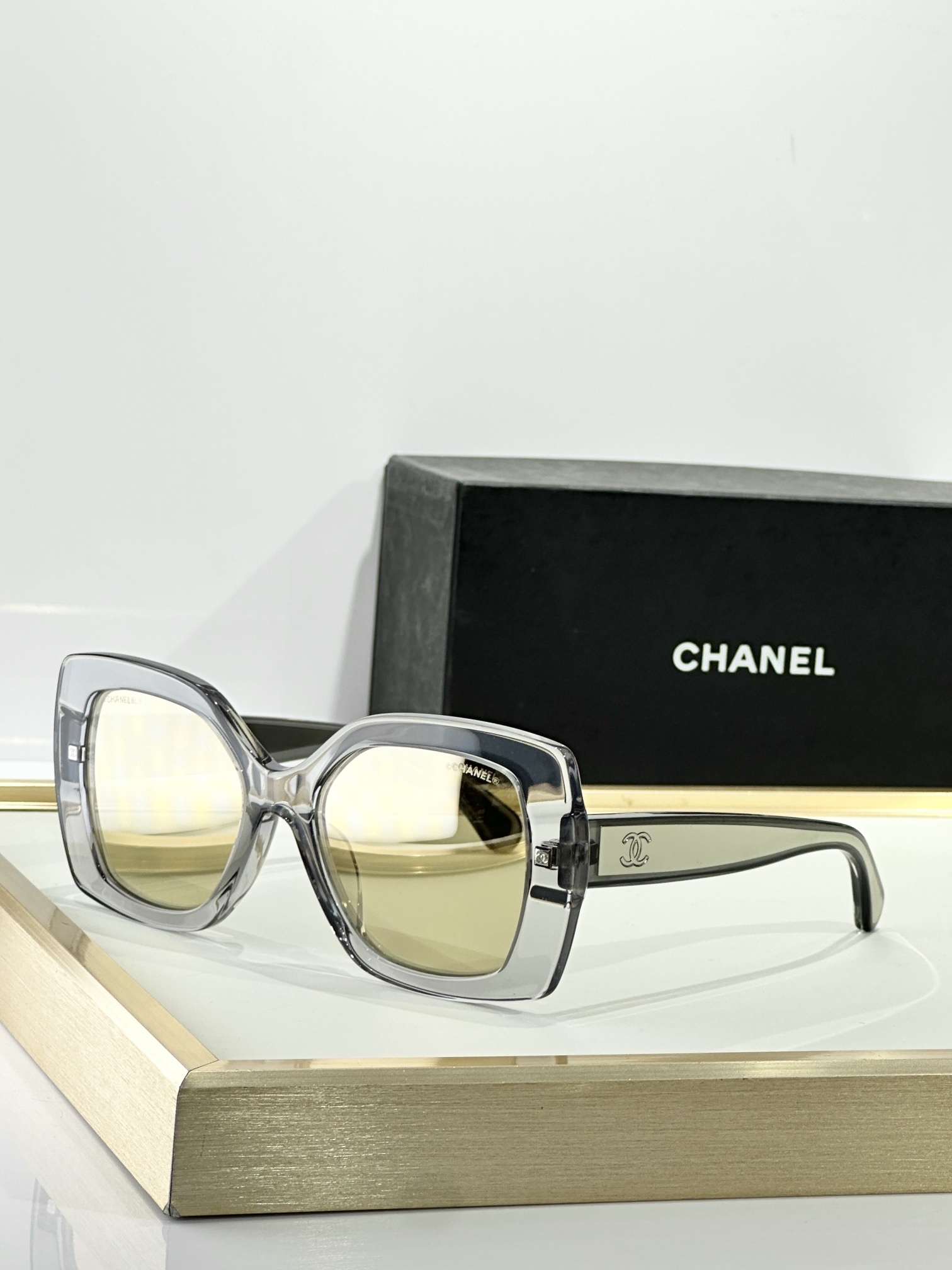 Chanel Square Sunglasses - Light Gray Acetate with Gold Mirror Lenses