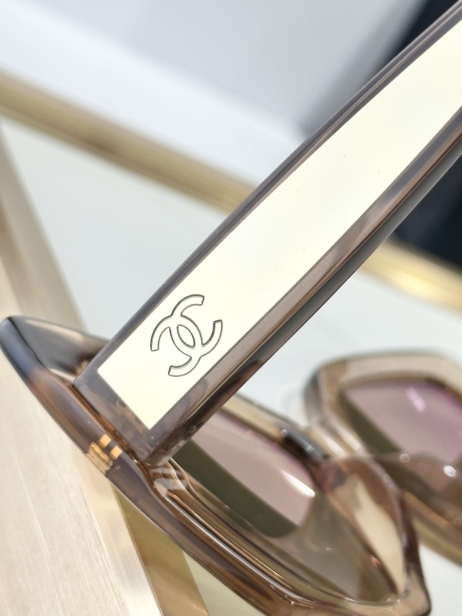Chanel Acetate Square Sunglasses - Champagne Gold Mirrored Lenses