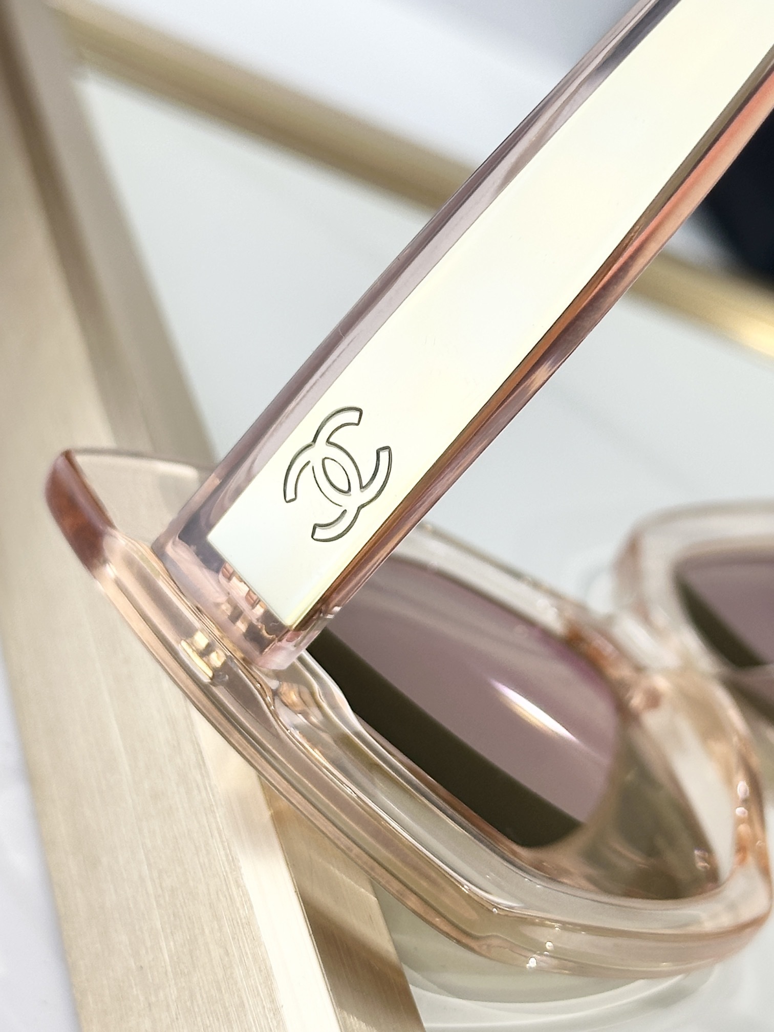 Chanel Square Sunglasses in Pink Acetate with Gold Mirrored Lenses