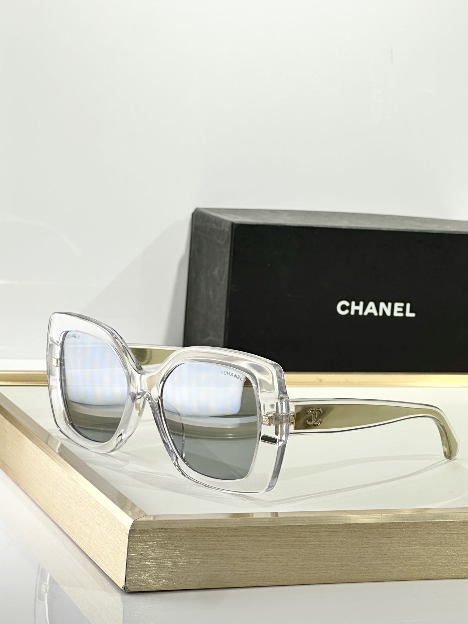 Chanel Square Sunglasses - Light Grey Acetate with Silver Lenses