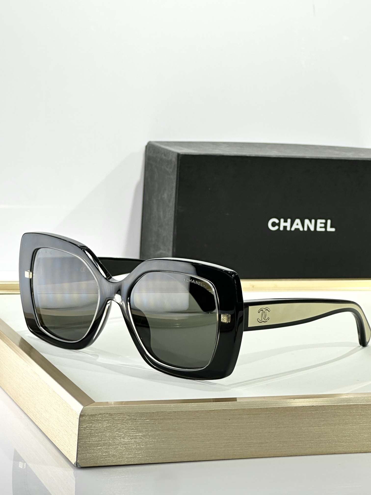 Chanel Luxury Black Butterfly Sunglasses with Iconic CC Logo