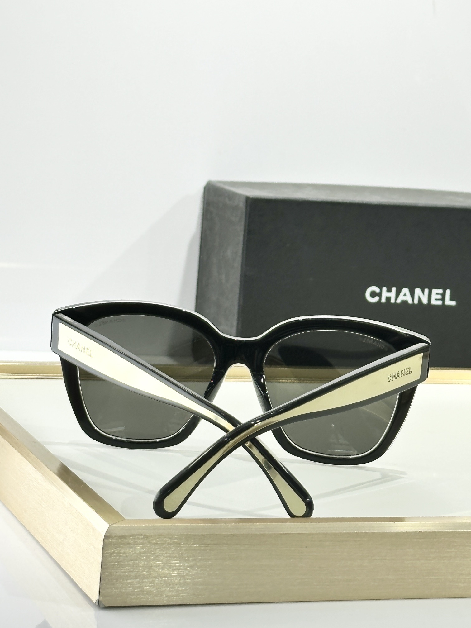 Luxury Chanel Black Oversized Square Sunglasses with Gold Accents