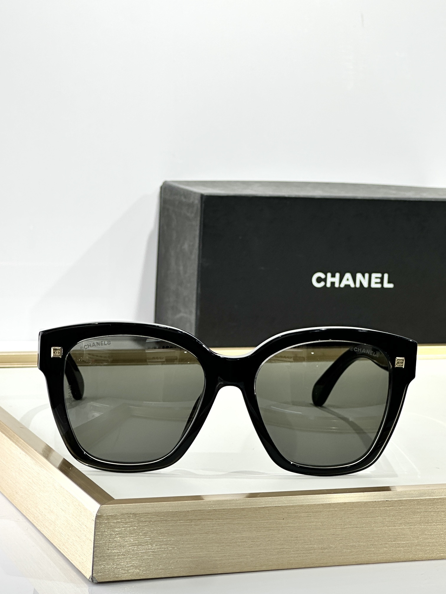 Luxury Chanel Black Oversized Square Sunglasses with Gold Accents
