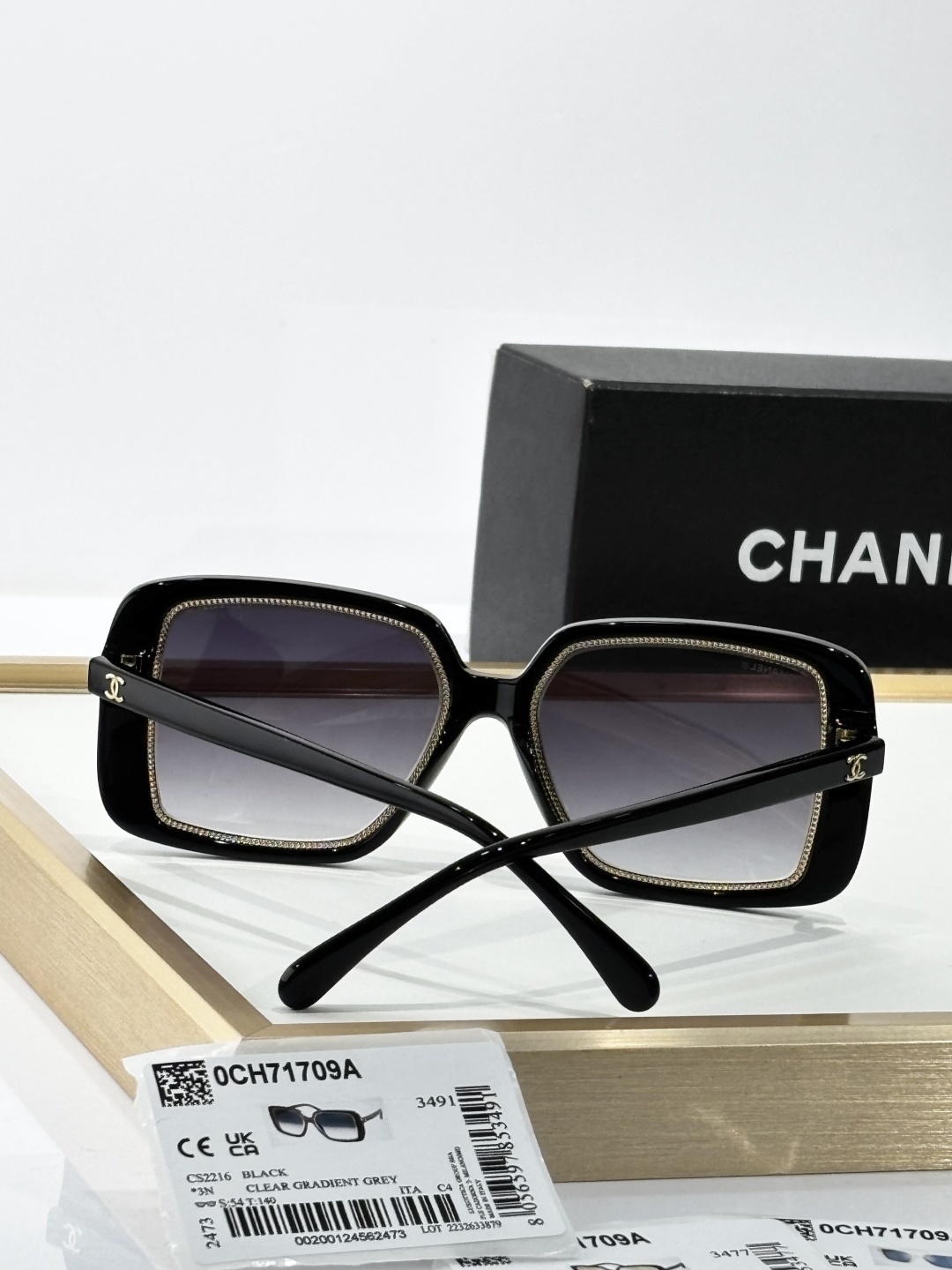 Chanel Black Square Sunglasses with Gold Chain Trim OCH71709A