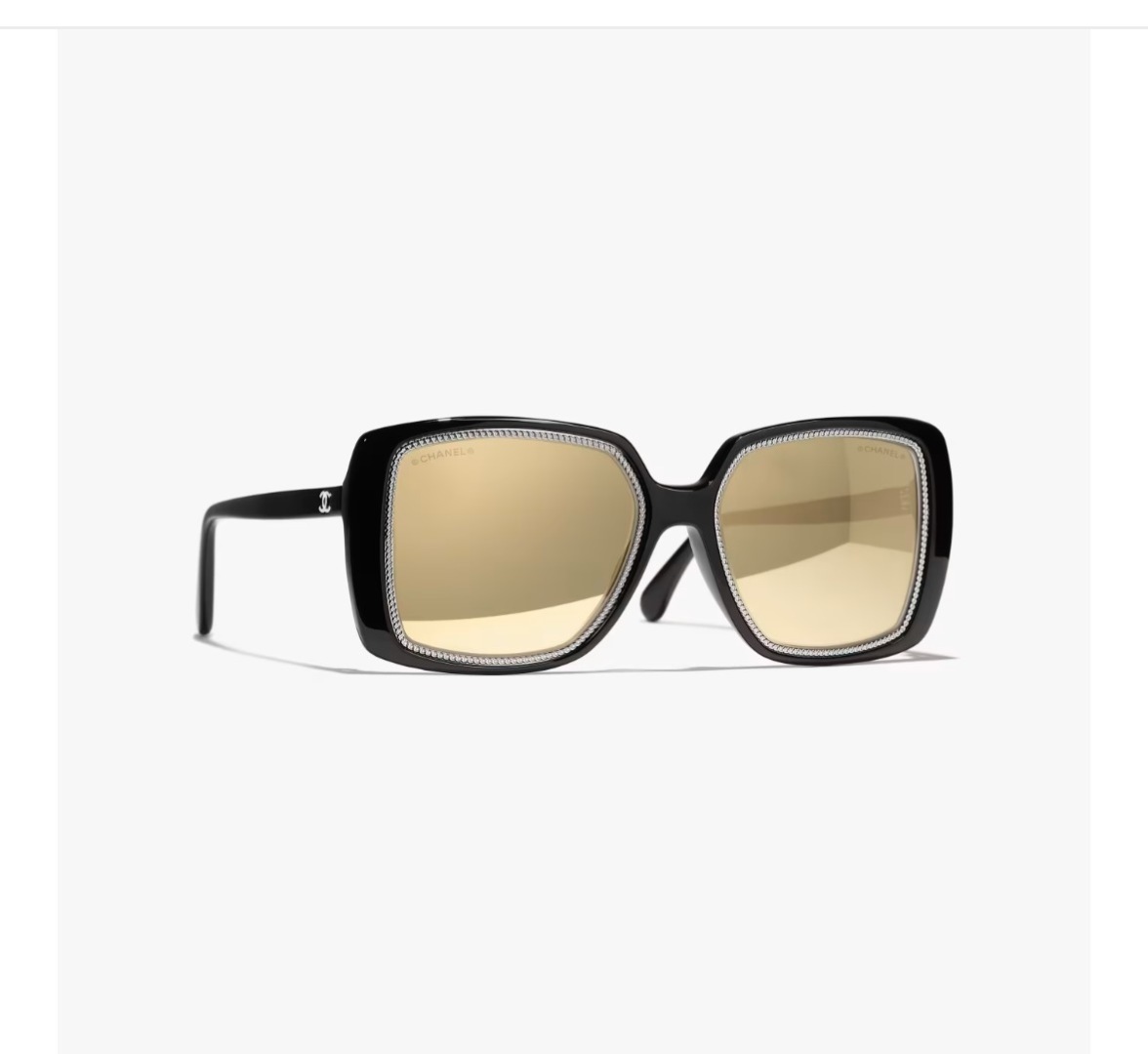 Chanel Square Sunglasses - Black Acetate with Gold Chain Detail
