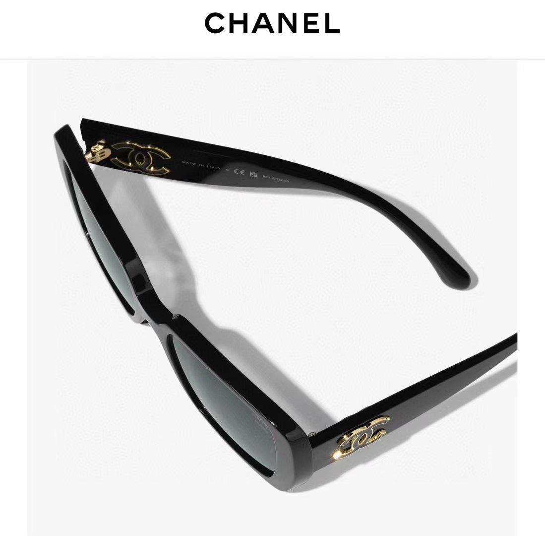 Chanel Oversized Square Polarized Sunglasses - Black & Gold Logo