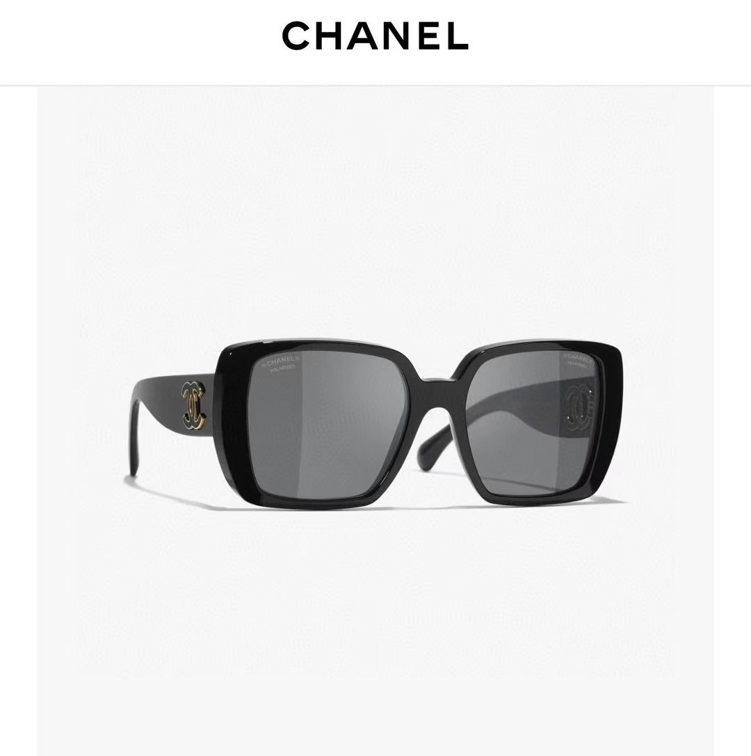Chanel Oversized Square Polarized Sunglasses - Black & Gold Logo