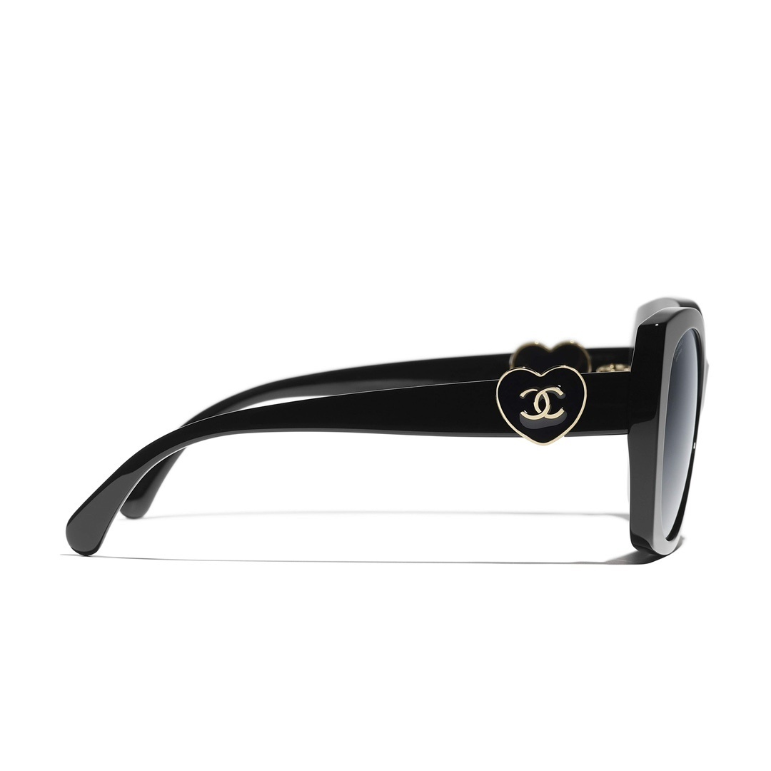 Chanel Oversized Square Sunglasses with Heart CC Logo - Black
