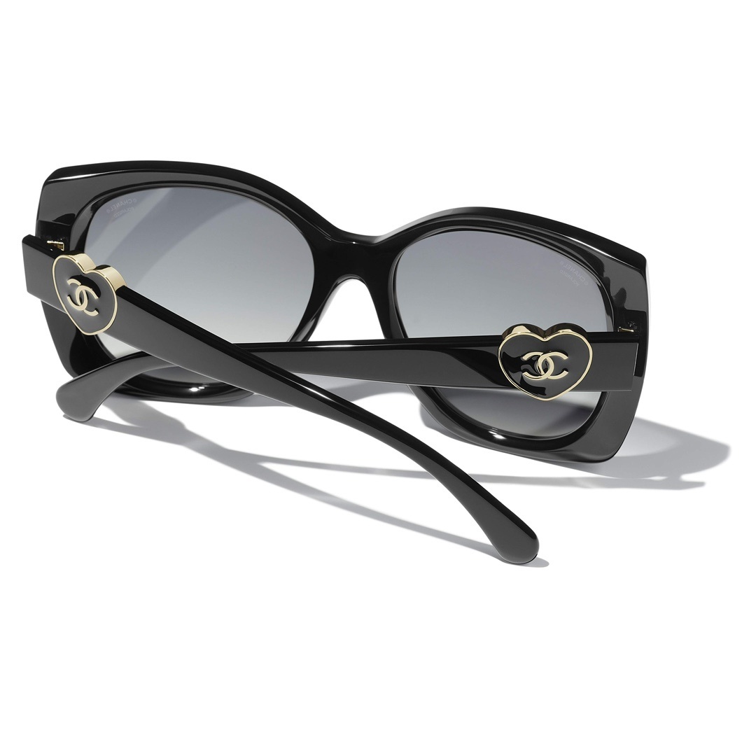 Chanel Oversized Square Sunglasses with Heart CC Logo - Black