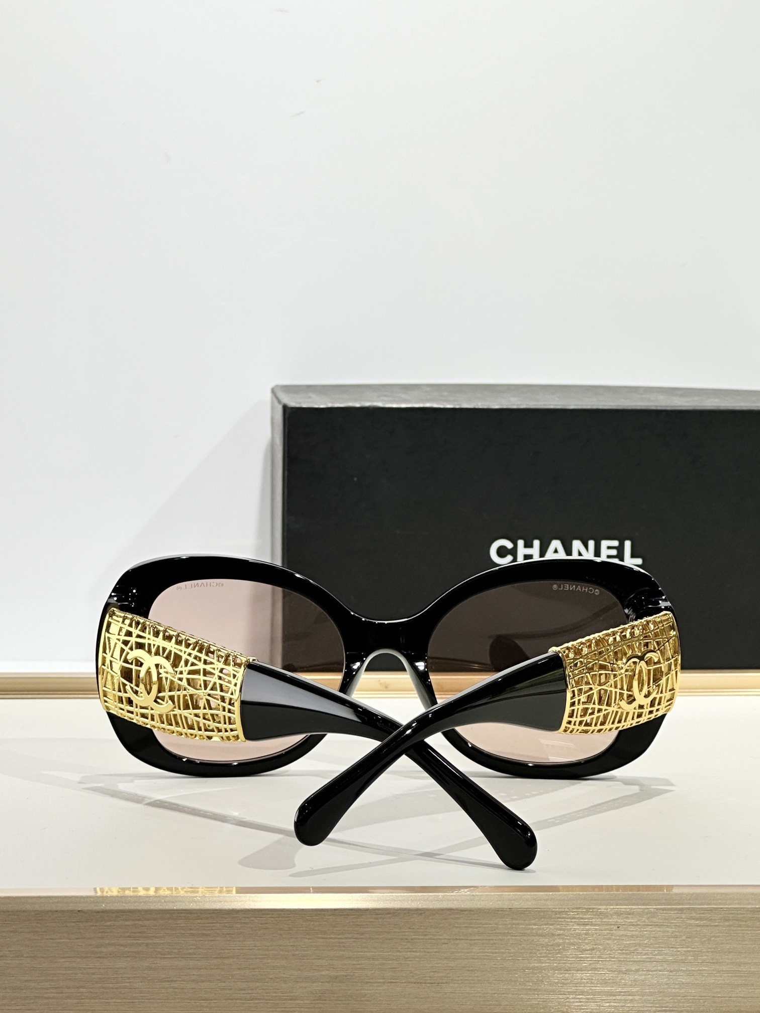 Chanel Butterfly Black Sunglasses with Gold Mesh CC Logo Temples
