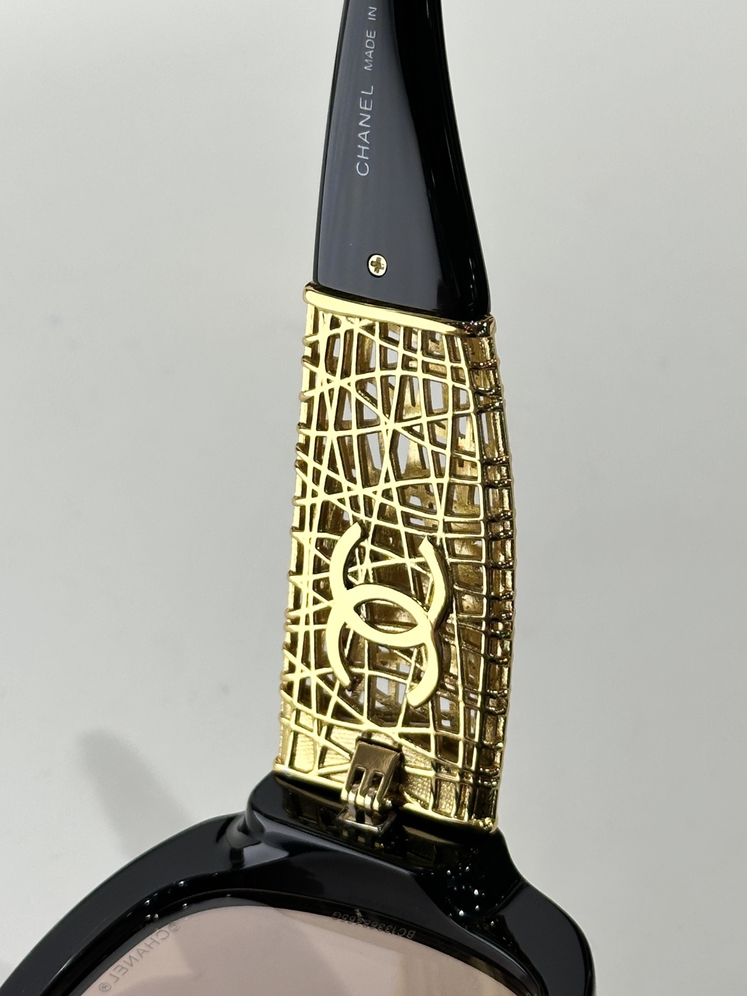 Chanel Butterfly Black Sunglasses with Gold Mesh CC Logo Temples