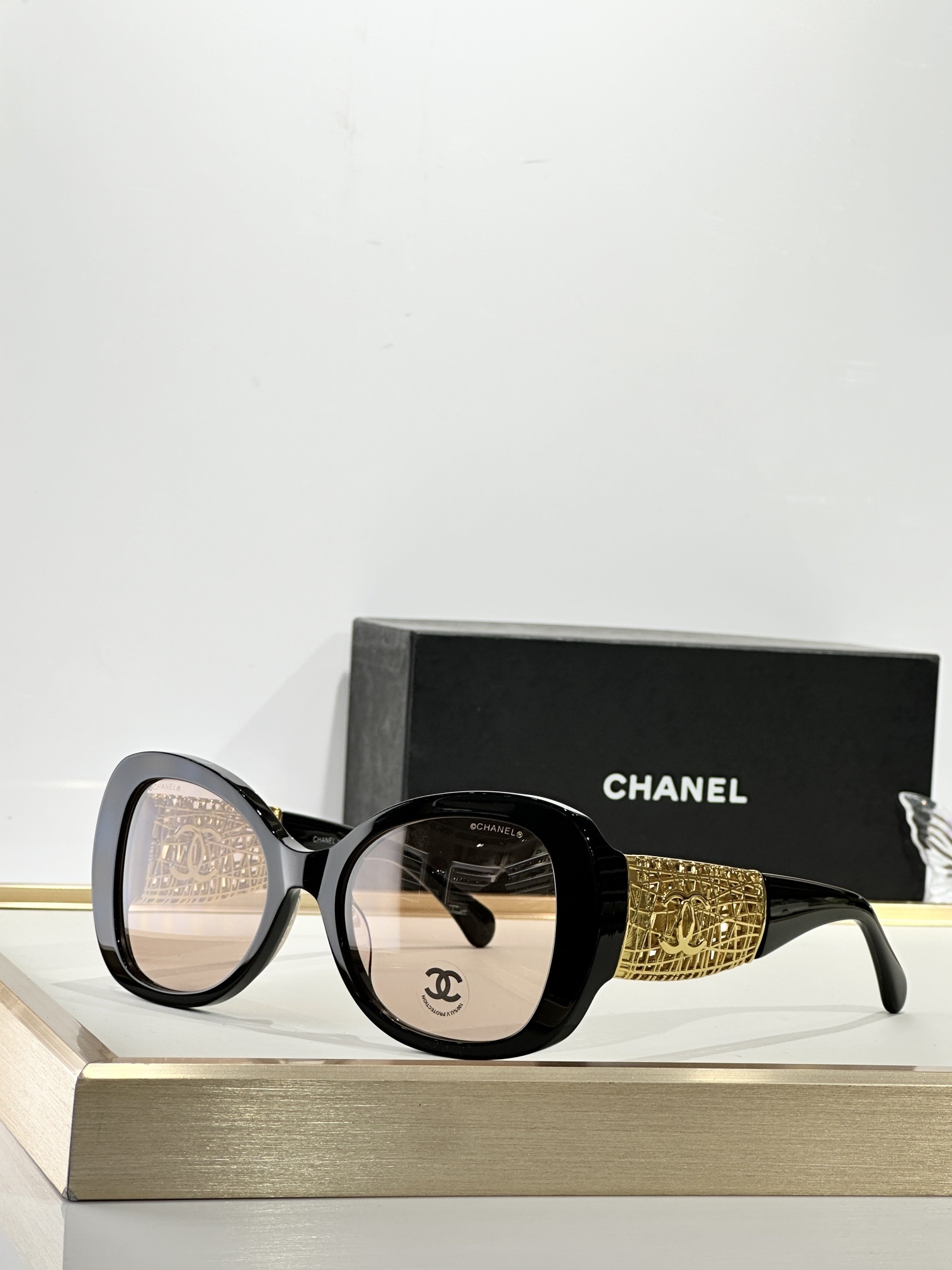 Chanel Butterfly Black Sunglasses with Gold Mesh CC Logo Temples