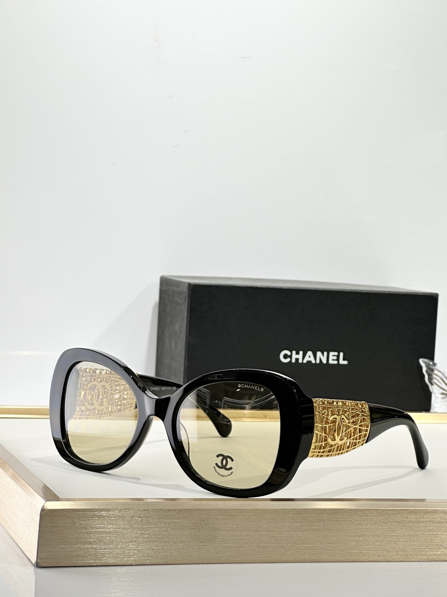 Chanel Butterfly Black Sunglasses with Gold Mesh CC Logo Temples