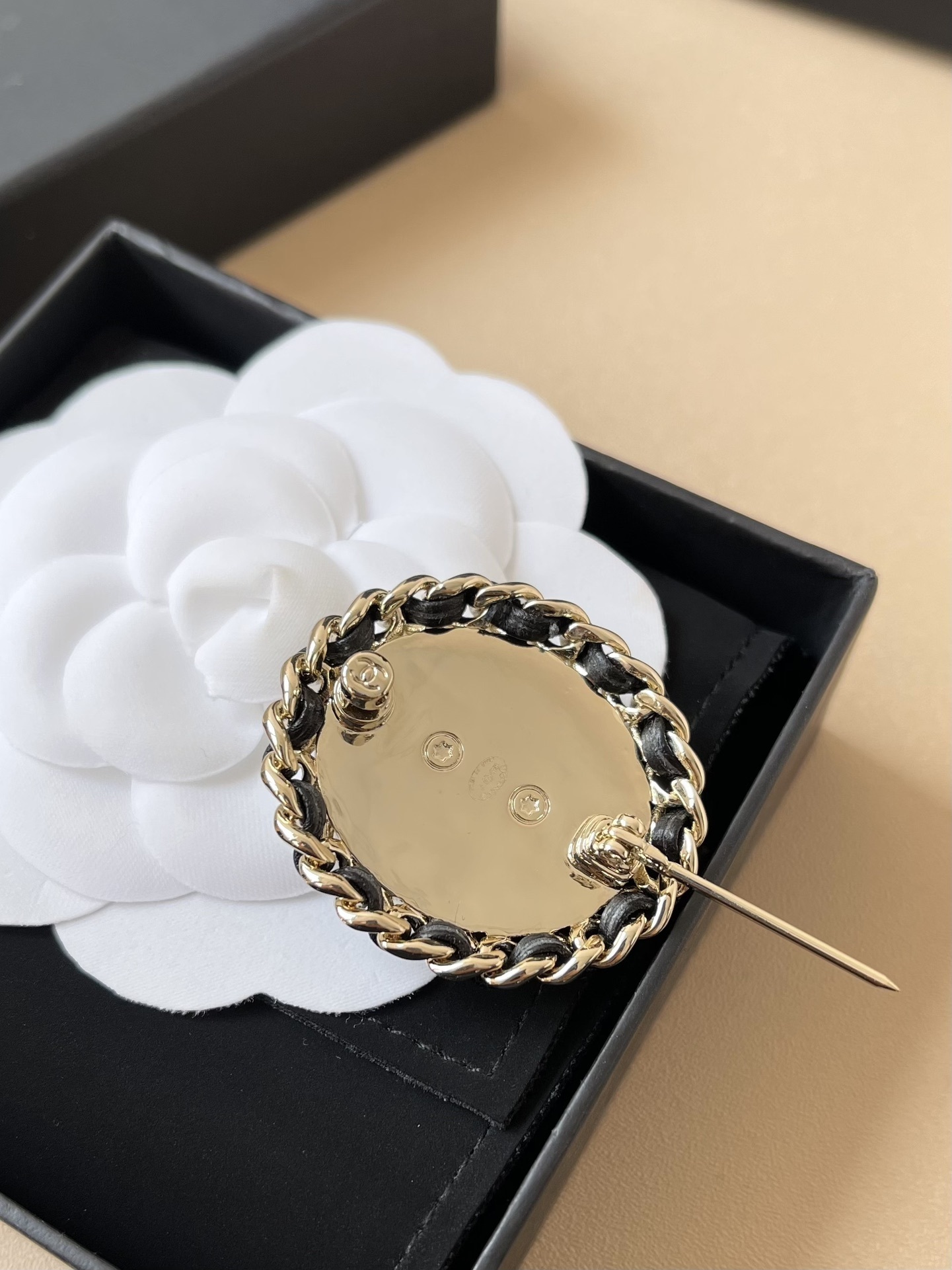 Chanel Denim CC Logo Brooch - Gold Chain & Leather Trim Luxury Pin