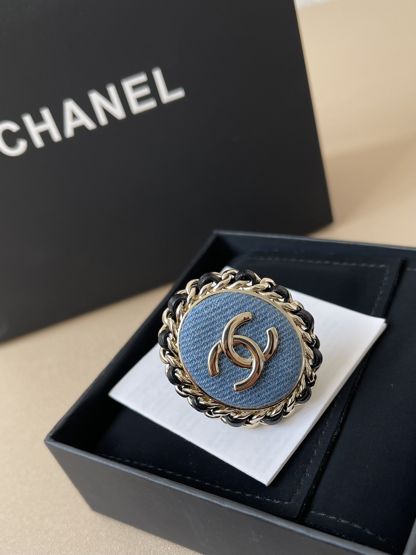 Chanel Denim CC Logo Brooch - Gold Chain & Leather Trim Luxury Pin