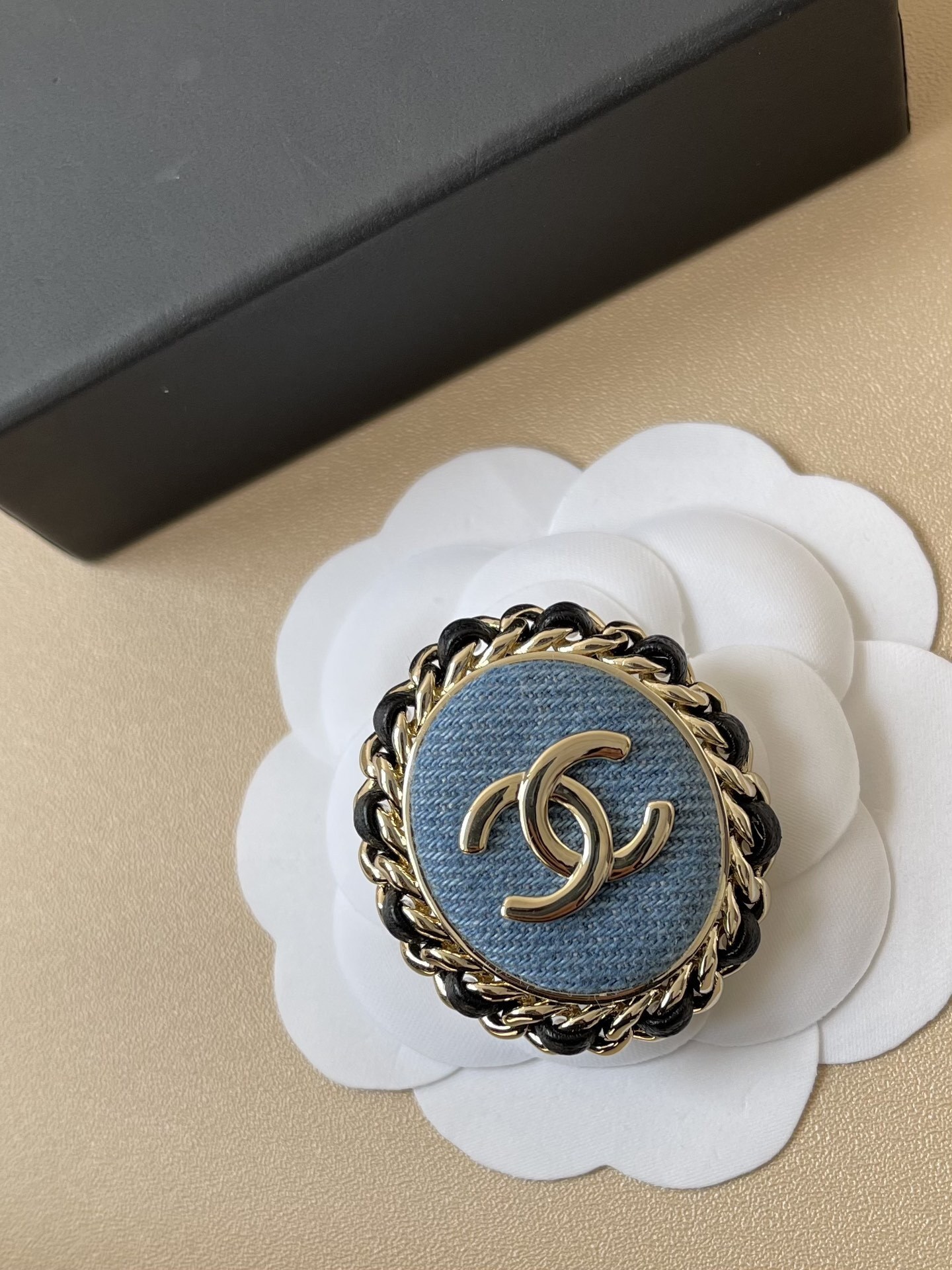 Chanel Denim CC Logo Brooch - Gold Chain & Leather Trim Luxury Pin