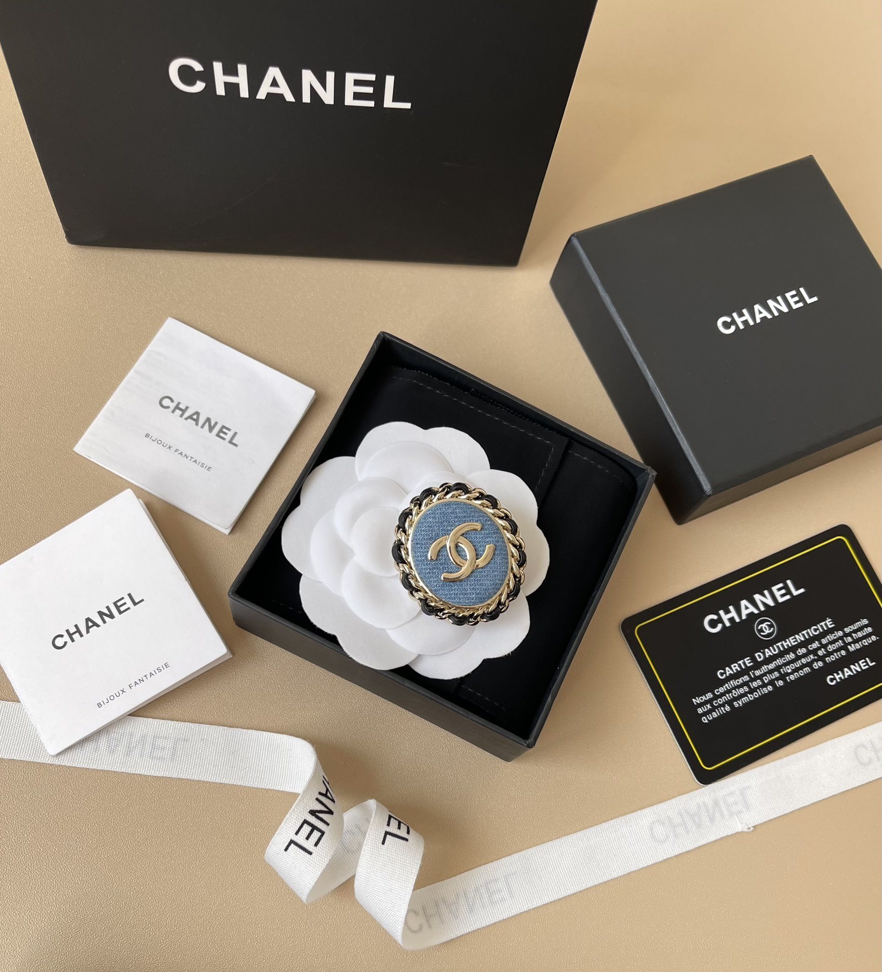 Chanel Denim CC Logo Brooch - Gold Chain & Leather Trim Luxury Pin