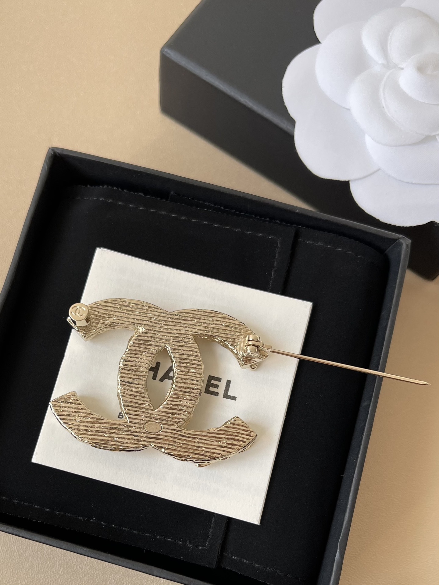 Luxury Textured Gold CC Brooch Vintage Inspired Designer Accessory