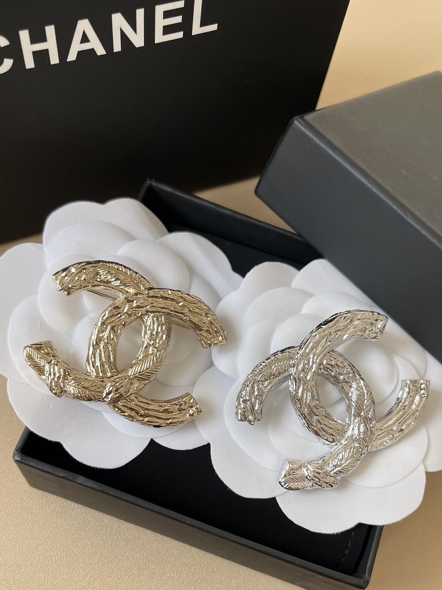 Luxury Textured Gold CC Brooch Vintage Inspired Designer Accessory