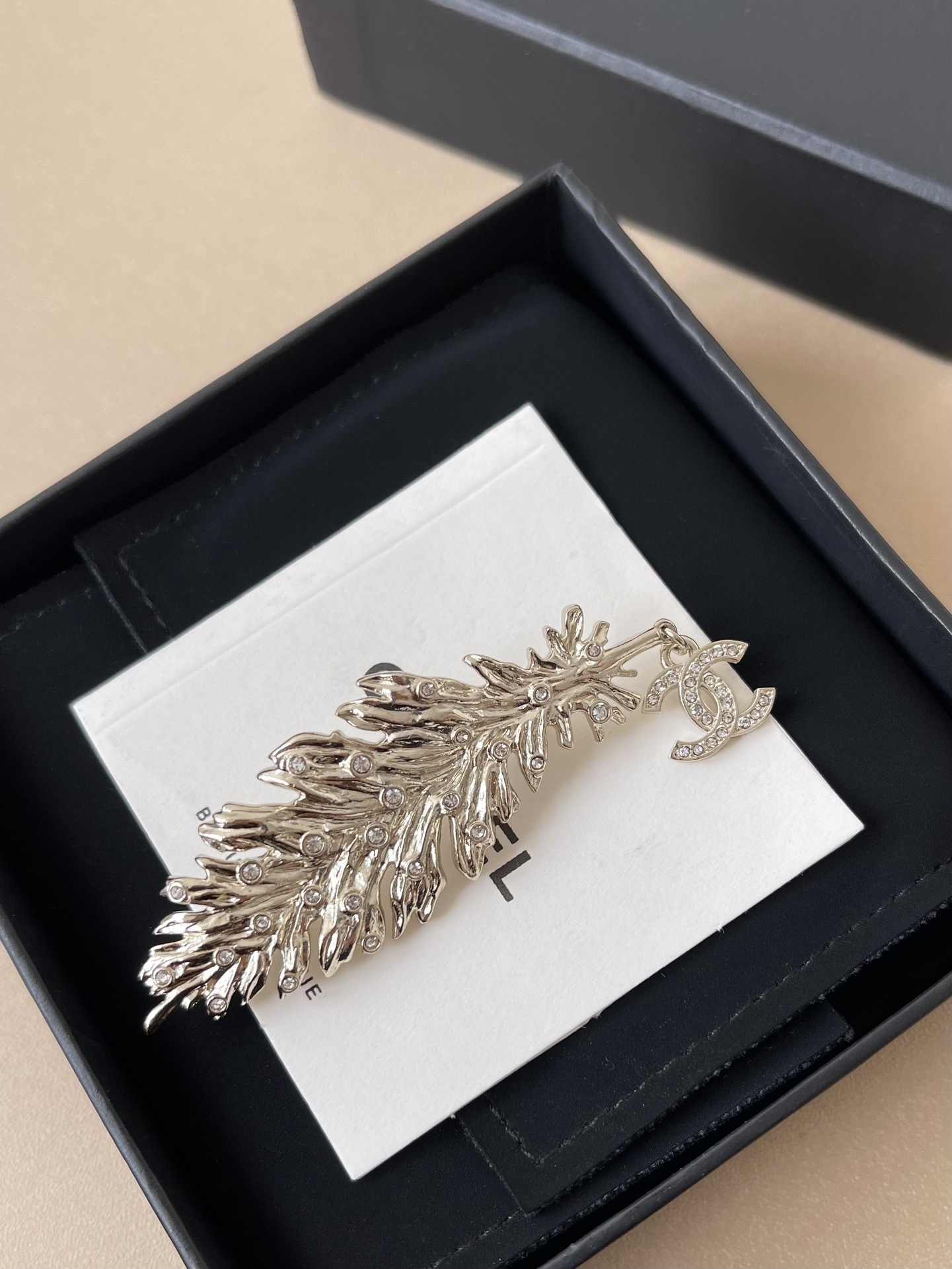 Luxury Crystal Feather Brooch with Interlocking C Logo Charm