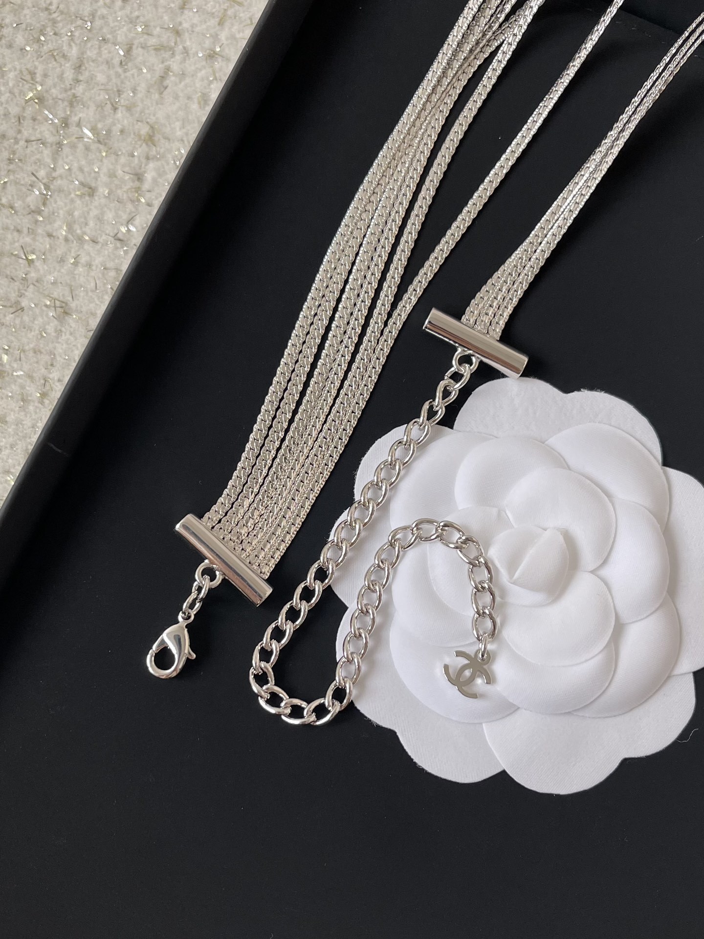 Luxury Multi-Strand Silver Chain Necklace with Iconic Logo Detail