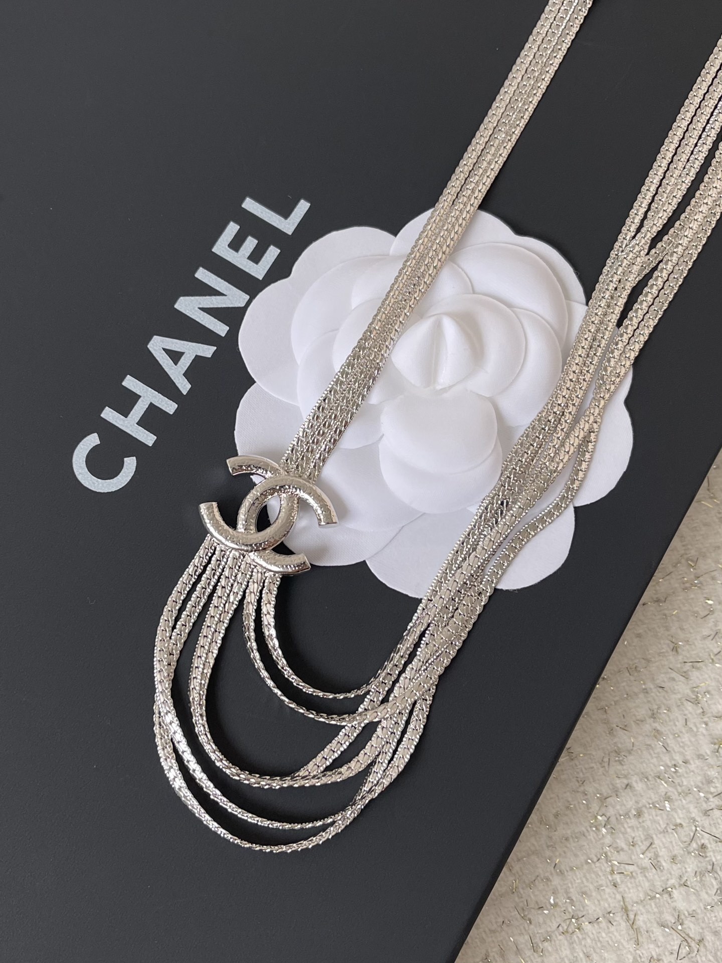 Luxury Multi-Strand Silver Chain Necklace with Iconic Logo Detail
