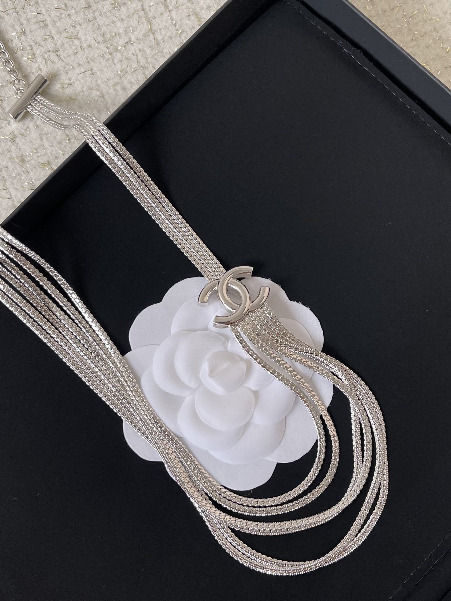 Luxury Multi-Strand Silver Chain Necklace with Iconic Logo Detail