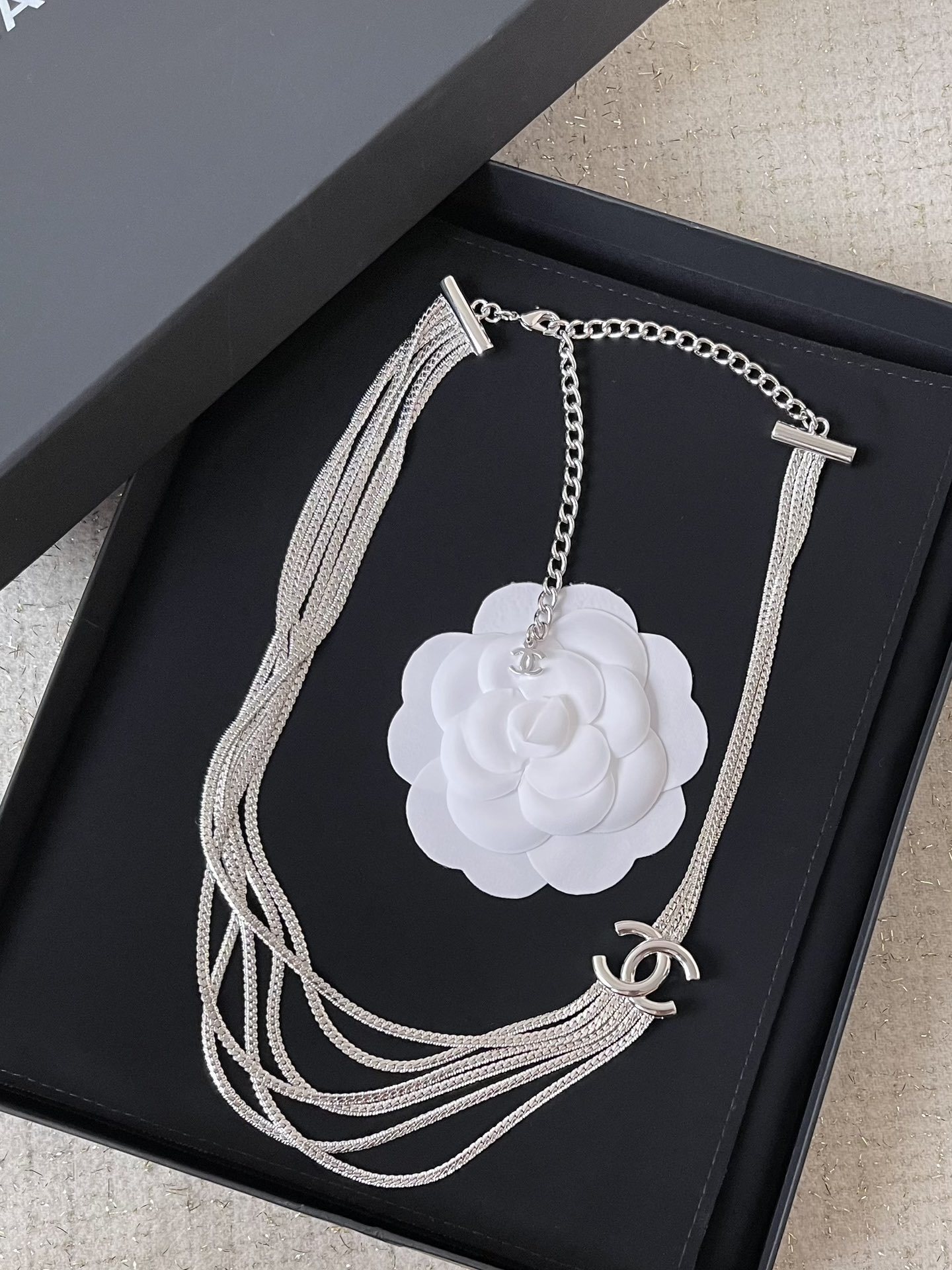 Luxury Multi-Strand Silver Chain Necklace with Iconic Logo Detail