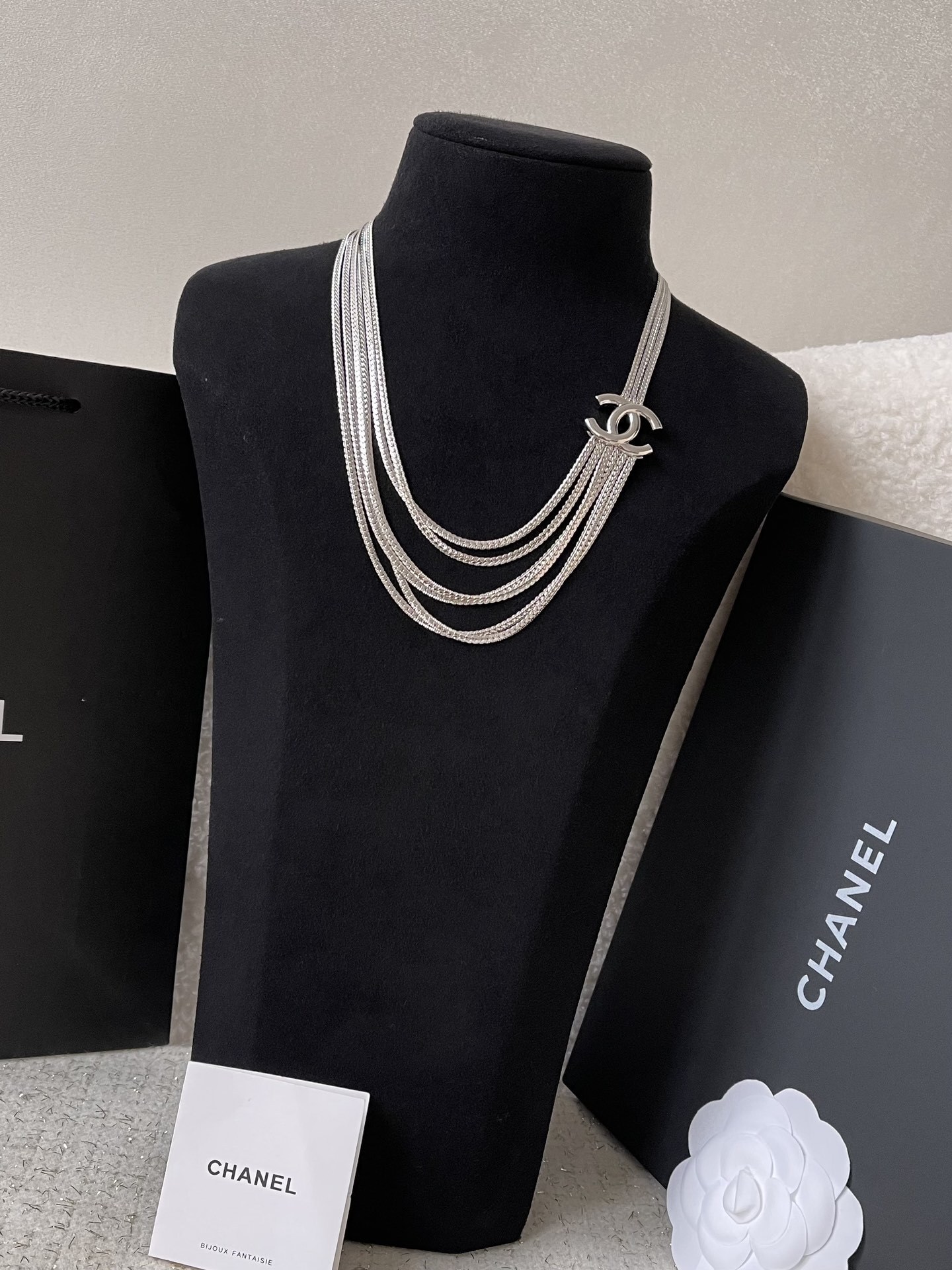 Luxury Multi-Strand Silver Chain Necklace with Iconic Logo Detail