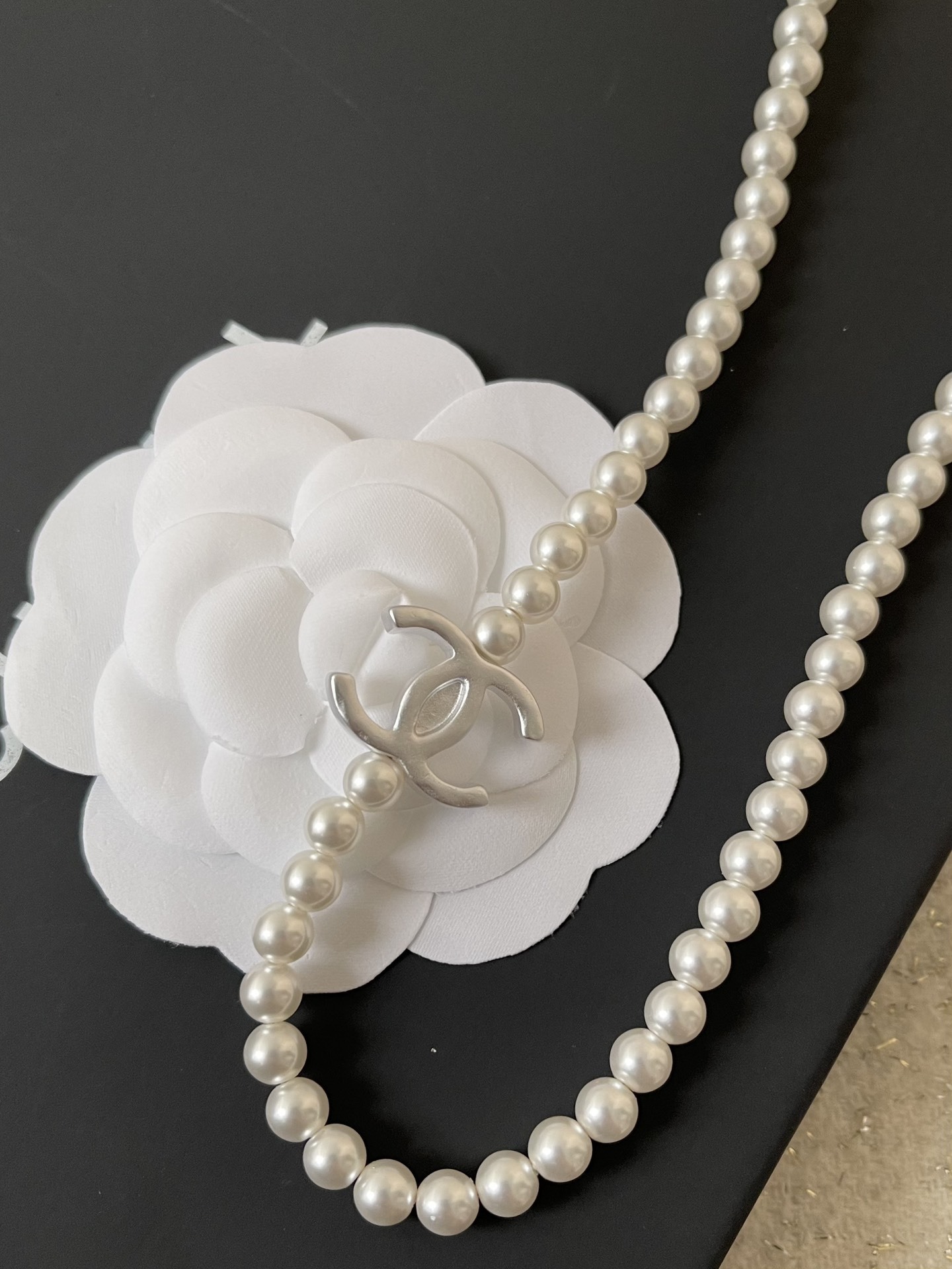 Luxury Long Pearl Necklace with Iconic CC Logo Accents