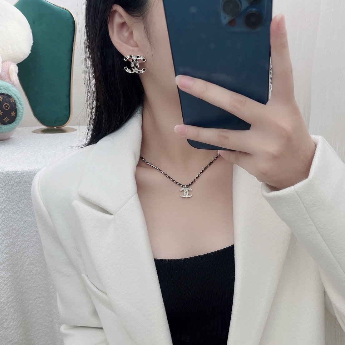 Luxury Crystal Double C Pendant Necklace and Earrings Jewelry Set