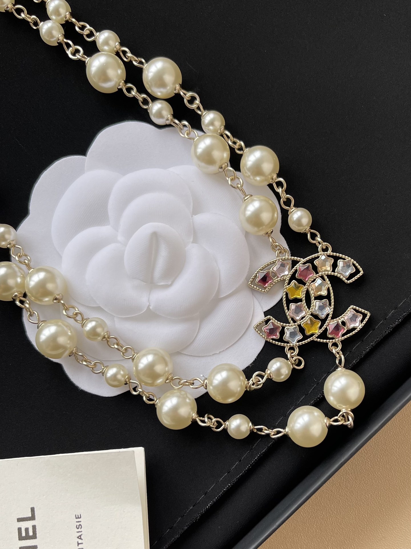 Luxury Double Layer Pearl Necklace with Colorful Crystal CC Logo