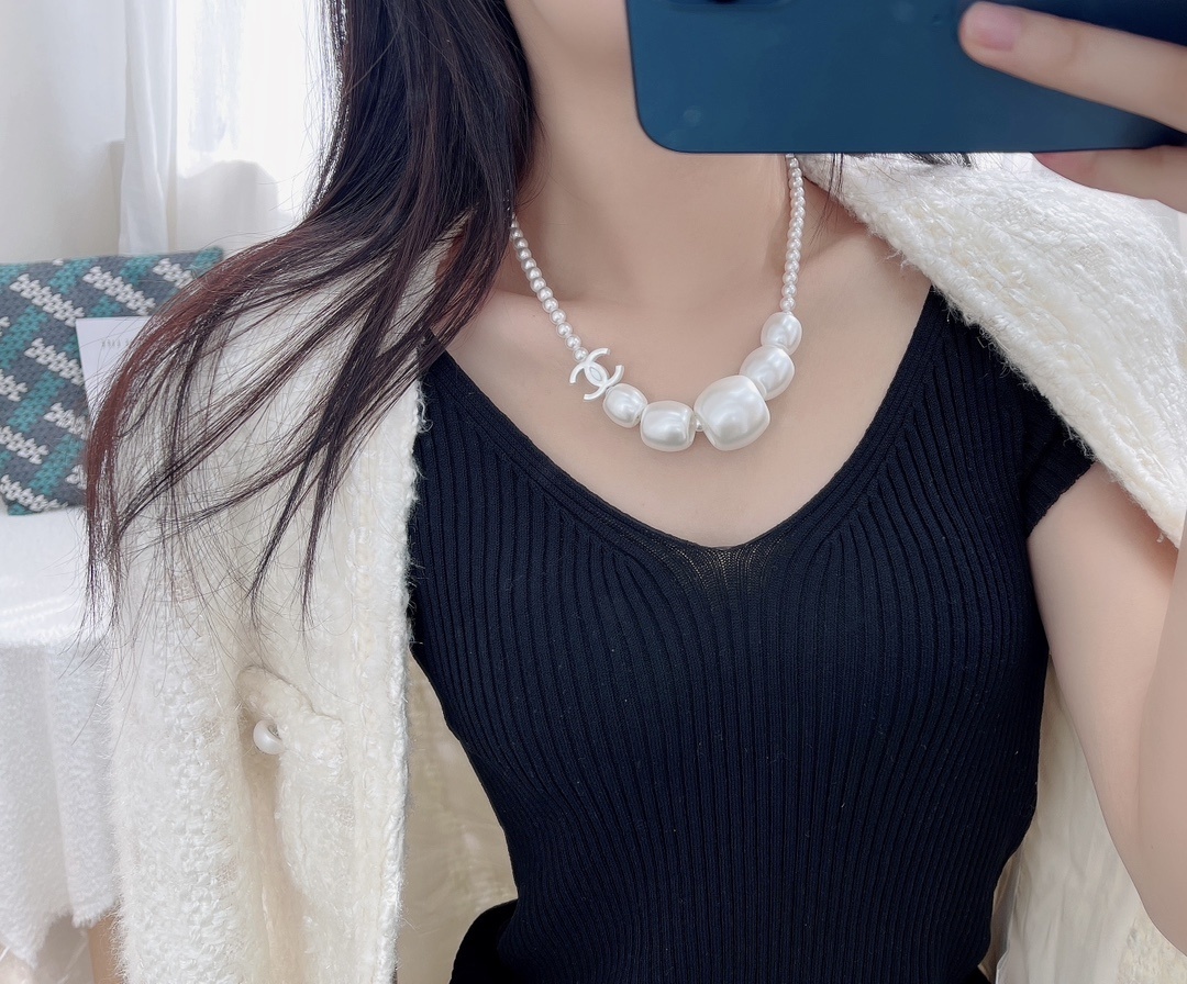 Elegant White Pearl CC Logo Necklace - Designer Inspired Jewelry