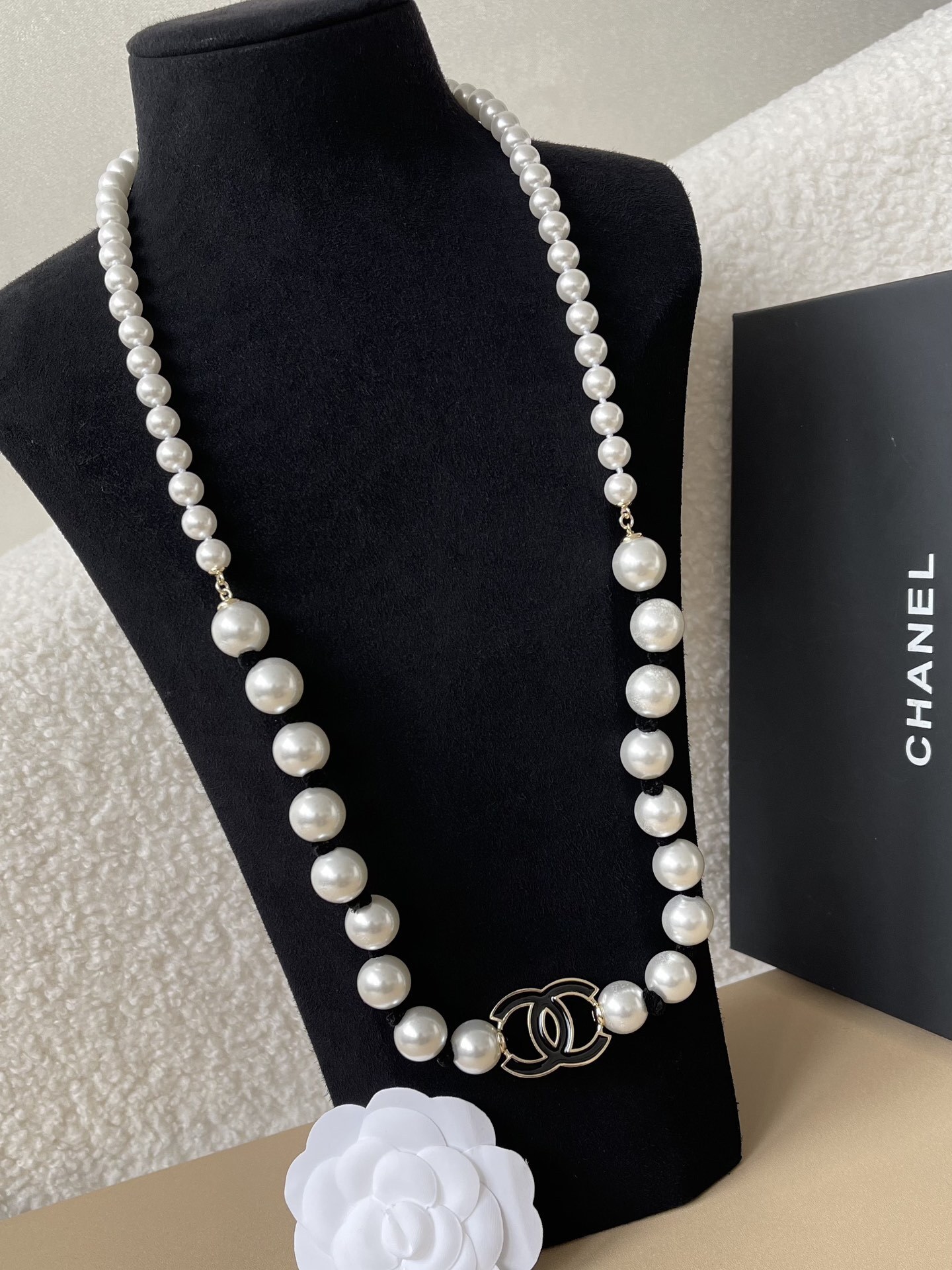 Luxury Long Pearl Necklace with Gold Double C Logo - 2025 Collection
